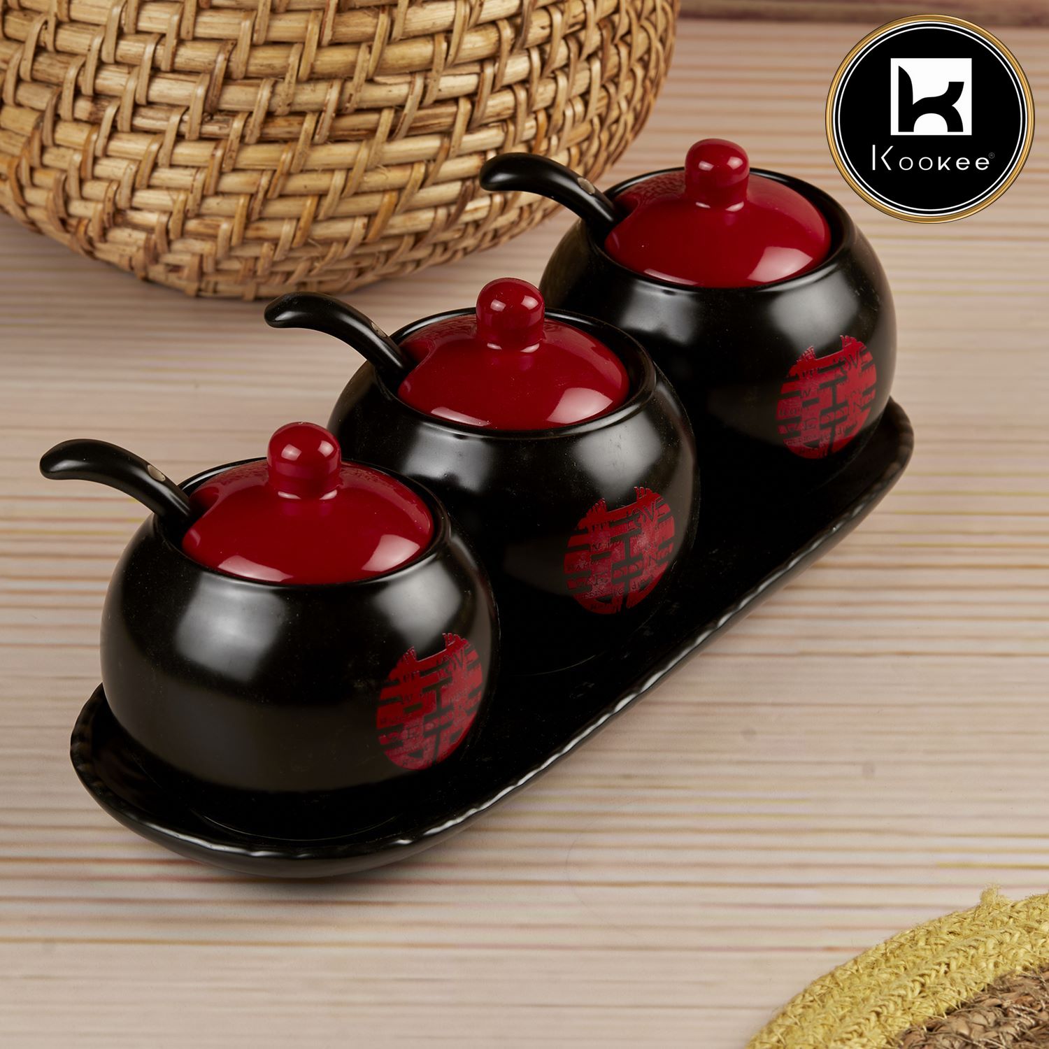 Kookee Ceramic Condiment Jars and Containers Set of 3 with Tray and Spoon (10680)