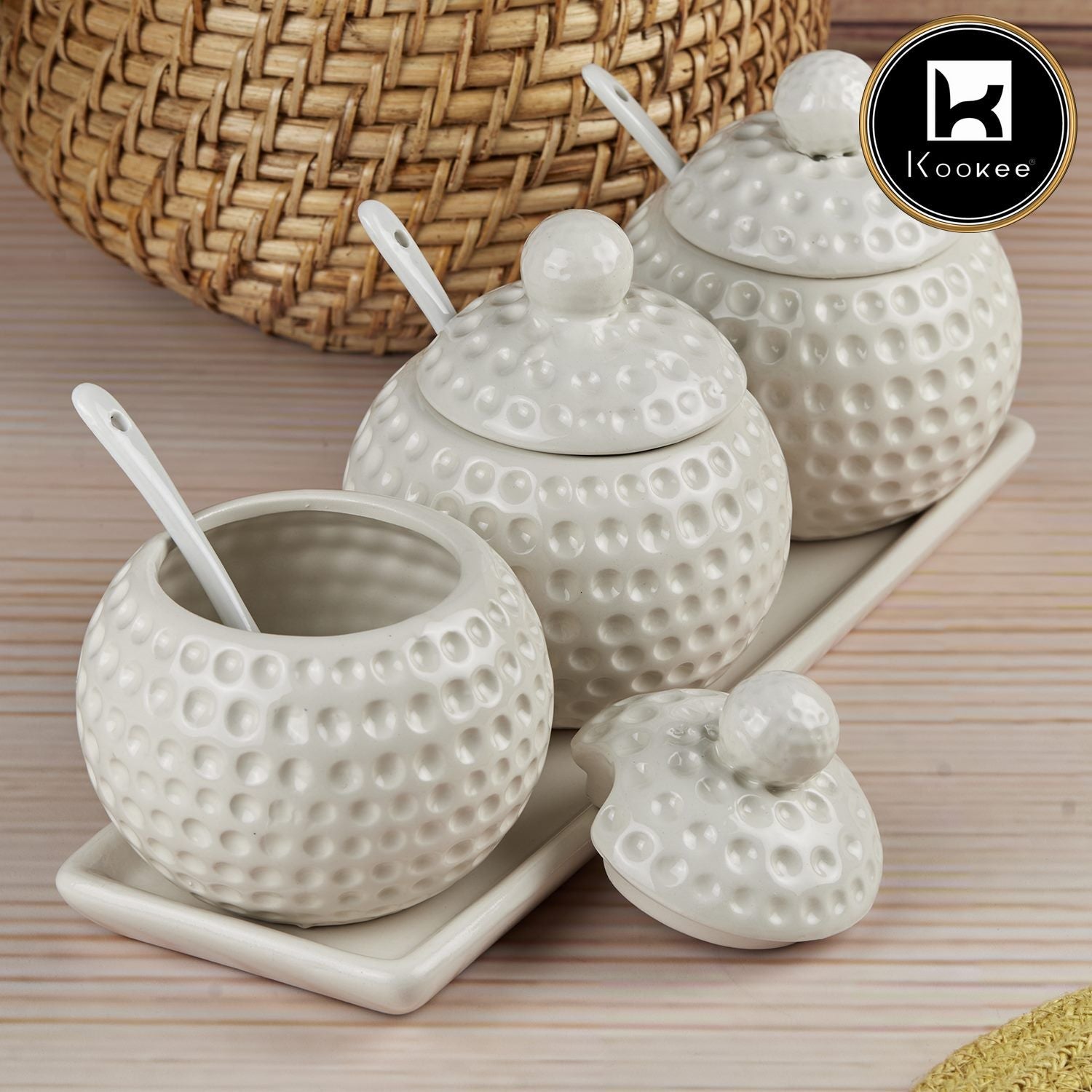 Ceramic Condiment Jars and Containers Set of 3 with Tray and Spoon (10681)