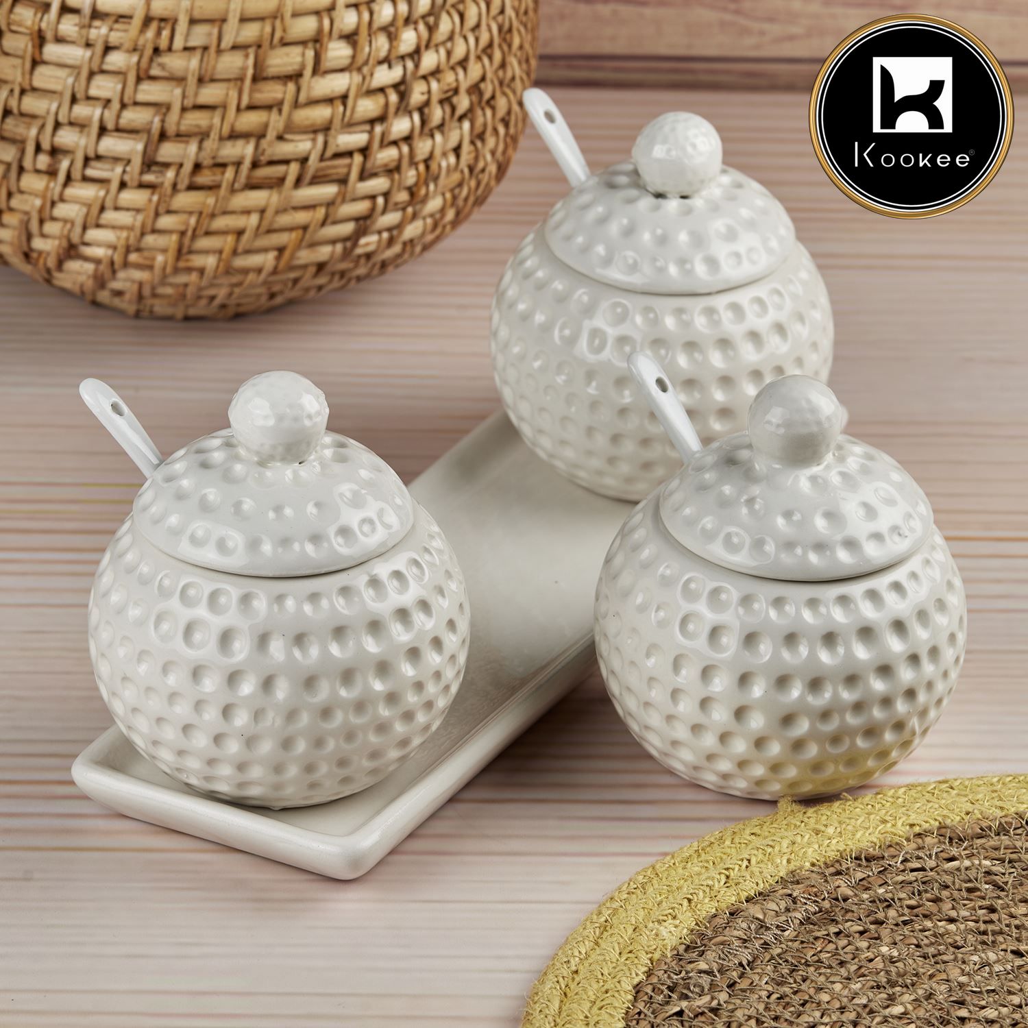 Ceramic Condiment Jars and Containers Set of 3 with Tray and Spoon for Kitchen (10681)