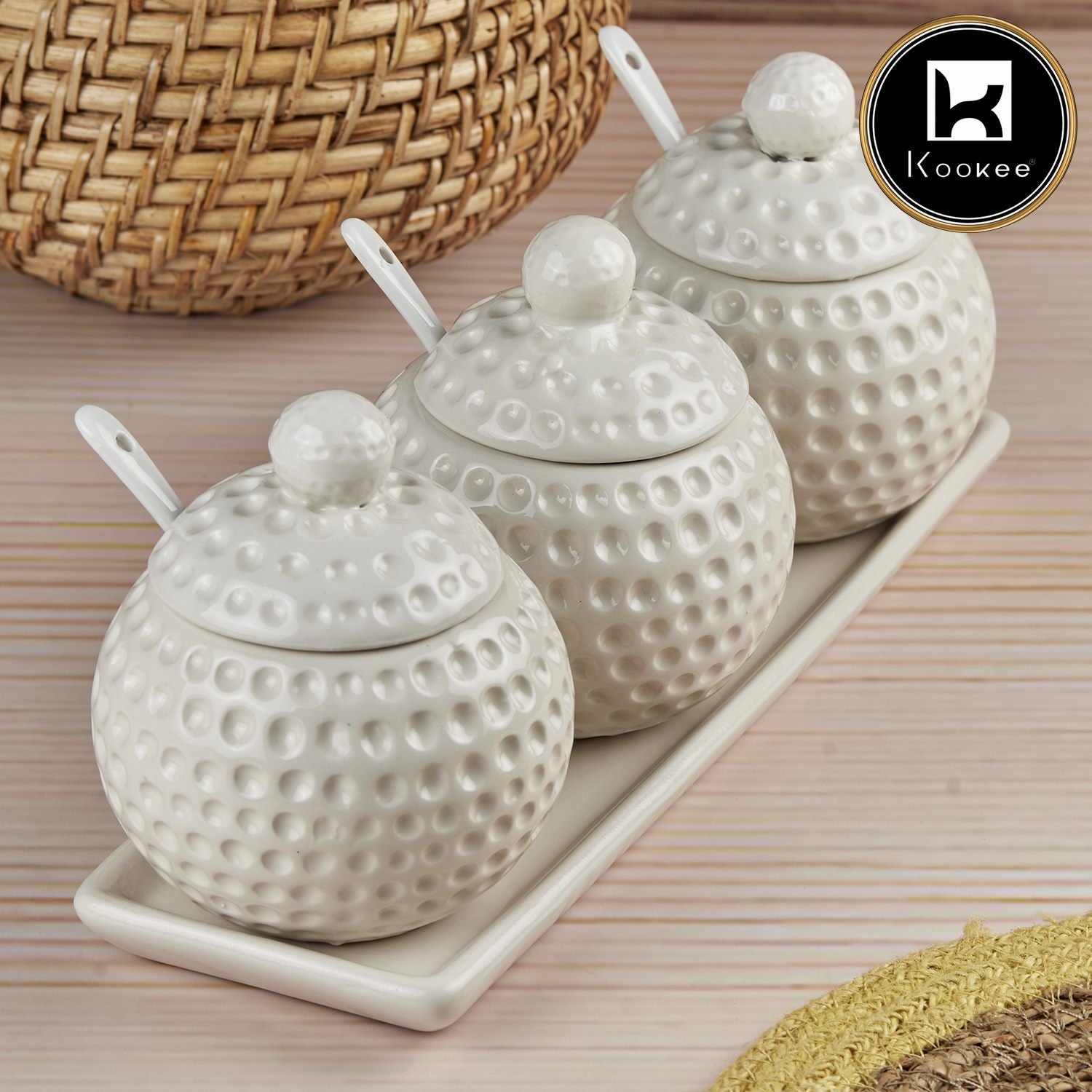 Kookee Ceramic Condiment Jars and Containers Set of 3 with Tray and Spoon (10681)