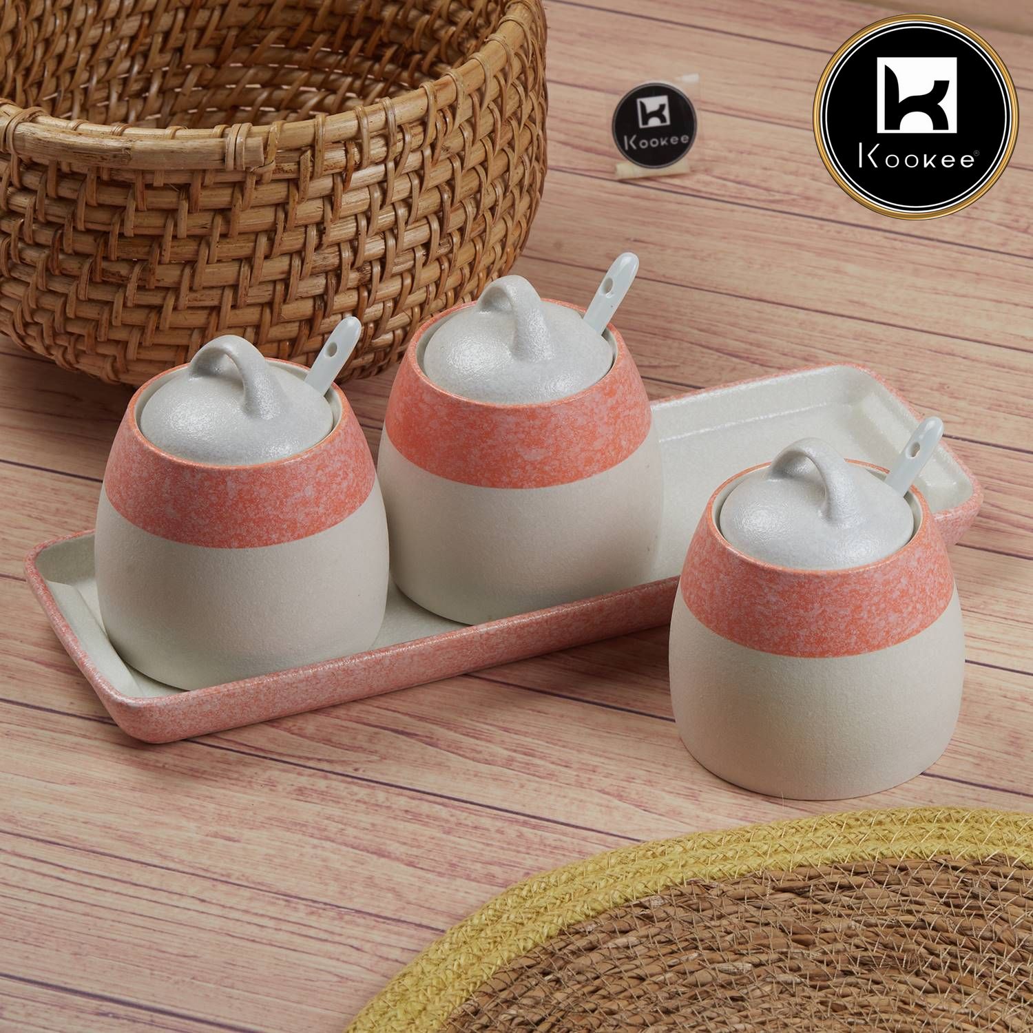 Ceramic Condiment Jars and Containers Set of 3 with Tray and Spoon for Kitchen (10682)