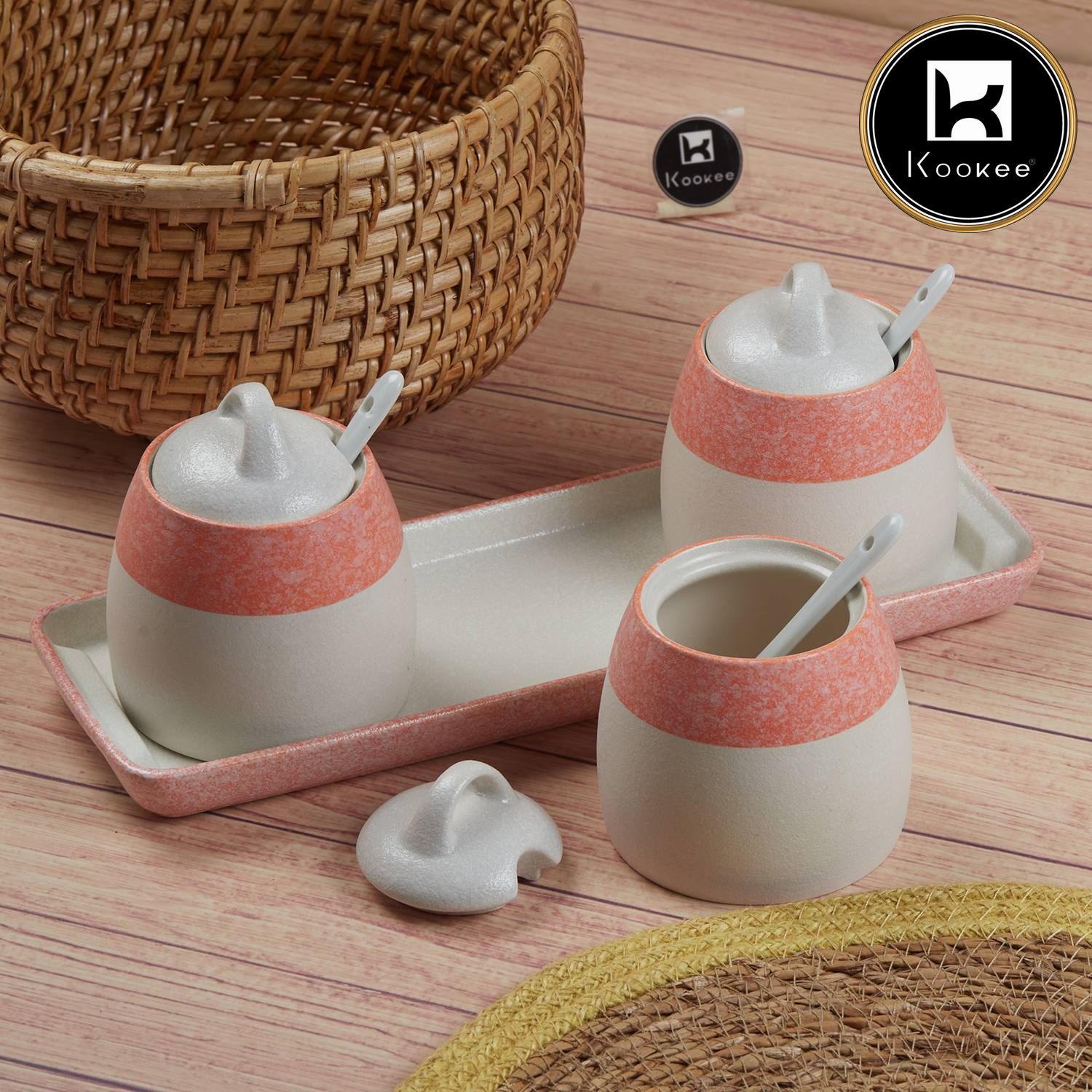 Ceramic Condiment Jars and Containers Set of 3 with Tray and Spoon for Kitchen (10682)