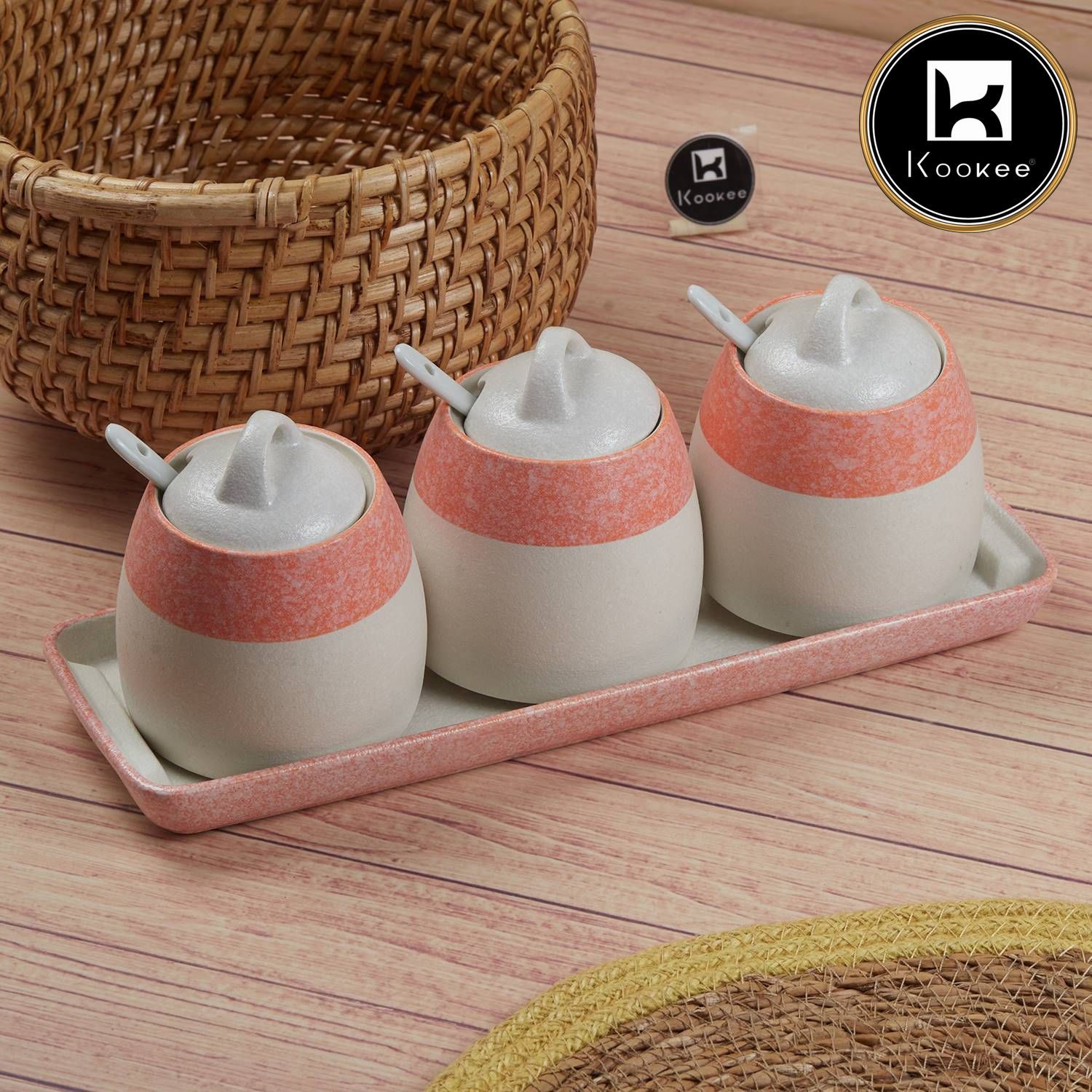Kookee Ceramic Condiment Jars and Containers Set of 3 with Tray and Spoon for Kitchen (10682)