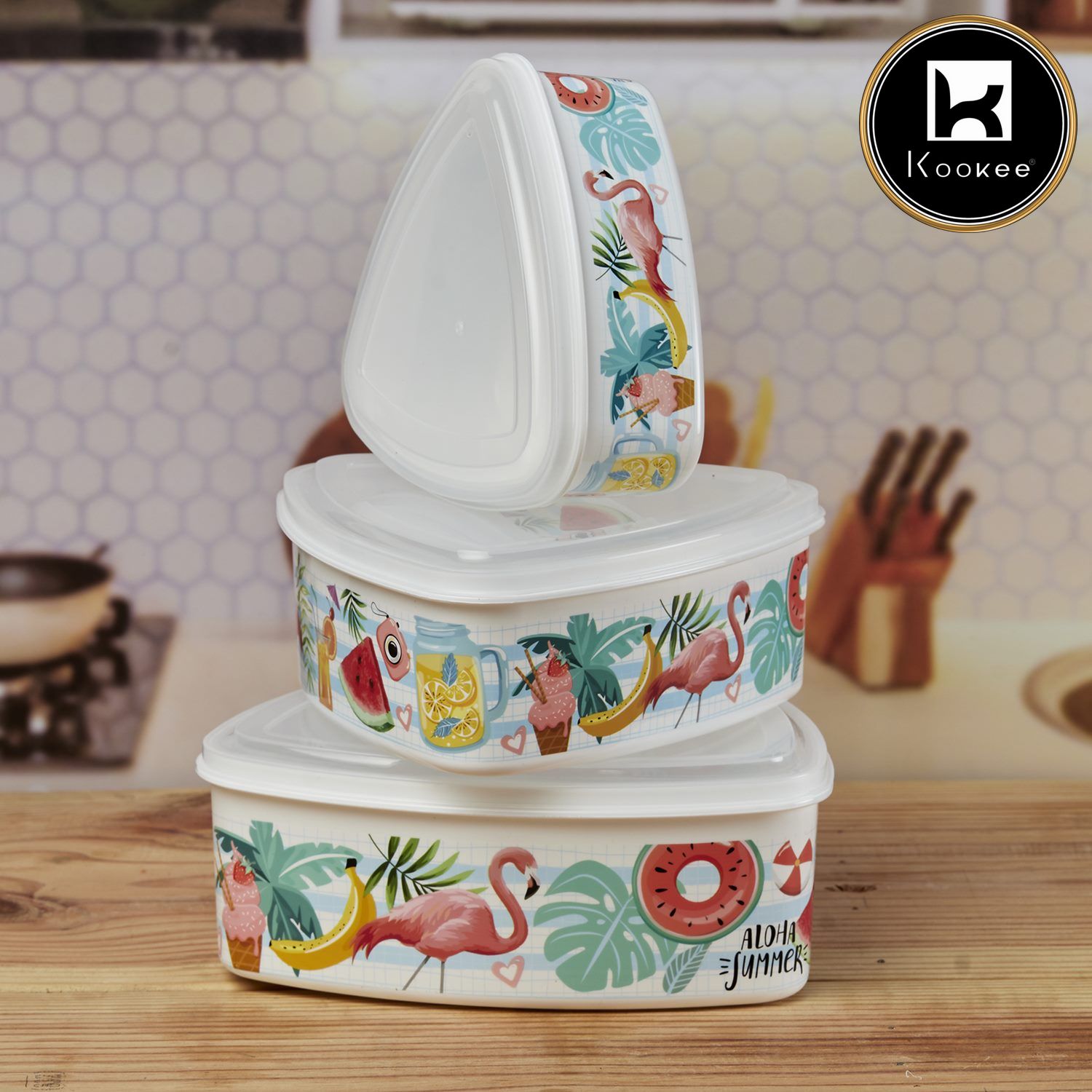 Kookee Plastic Airtight Container with Lid, Set of 3, Triangle (10694)