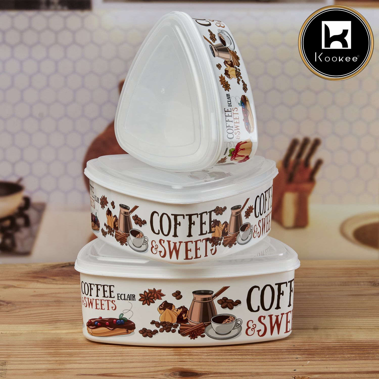 Kookee Plastic Airtight Container with Lid, Set of 3, Triangle (10695)