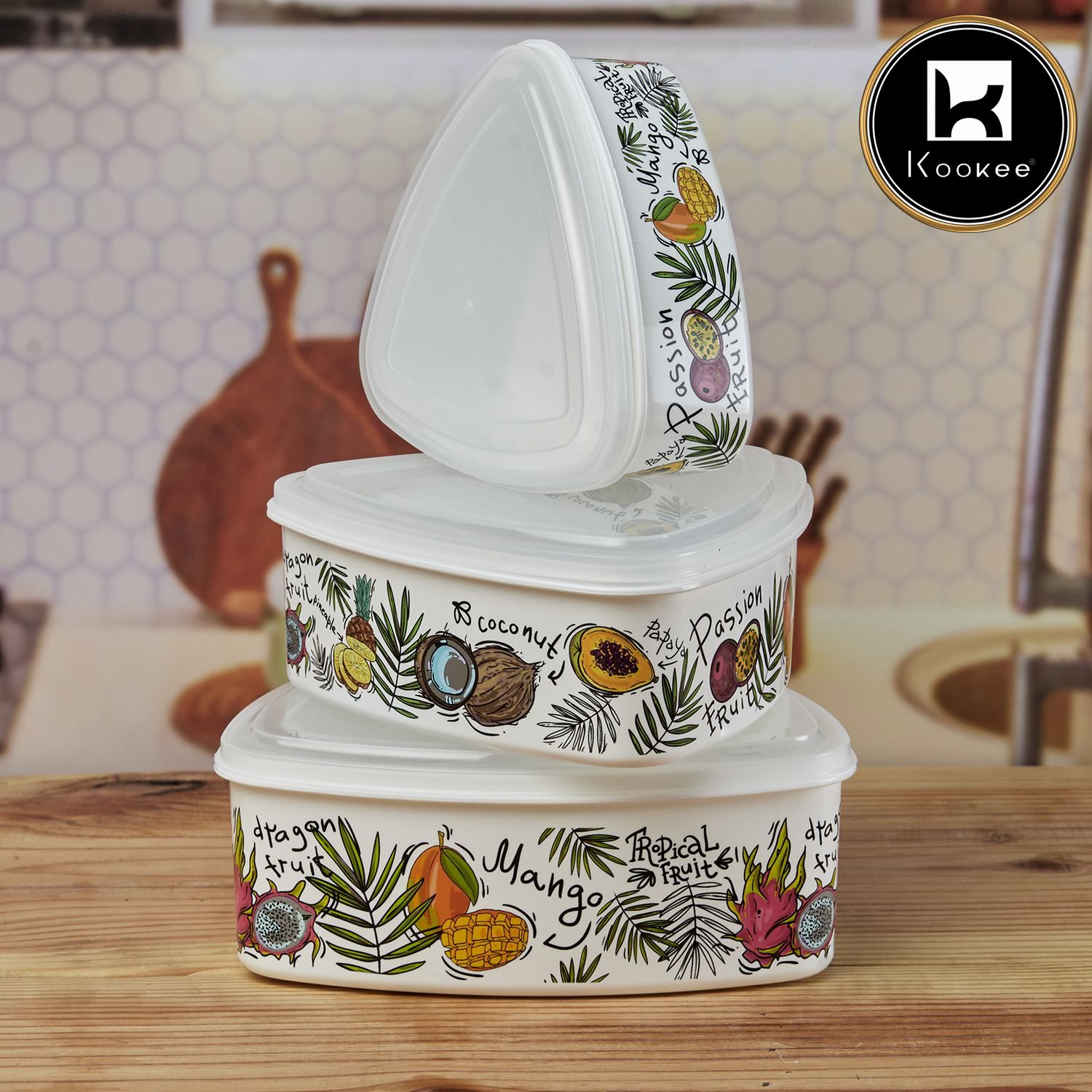 Kookee Plastic Airtight Container with Lid, Set of 3, Triangle (10696)