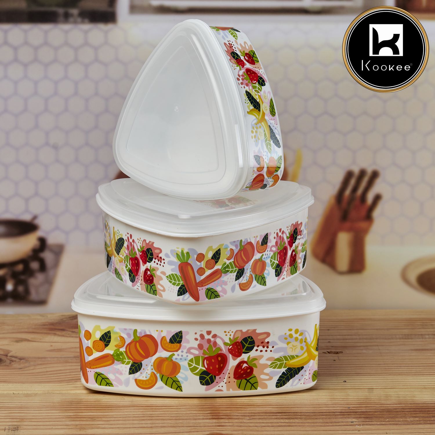 Kookee Plastic Airtight Container with Lid, Set of 3, Triangle (10697)
