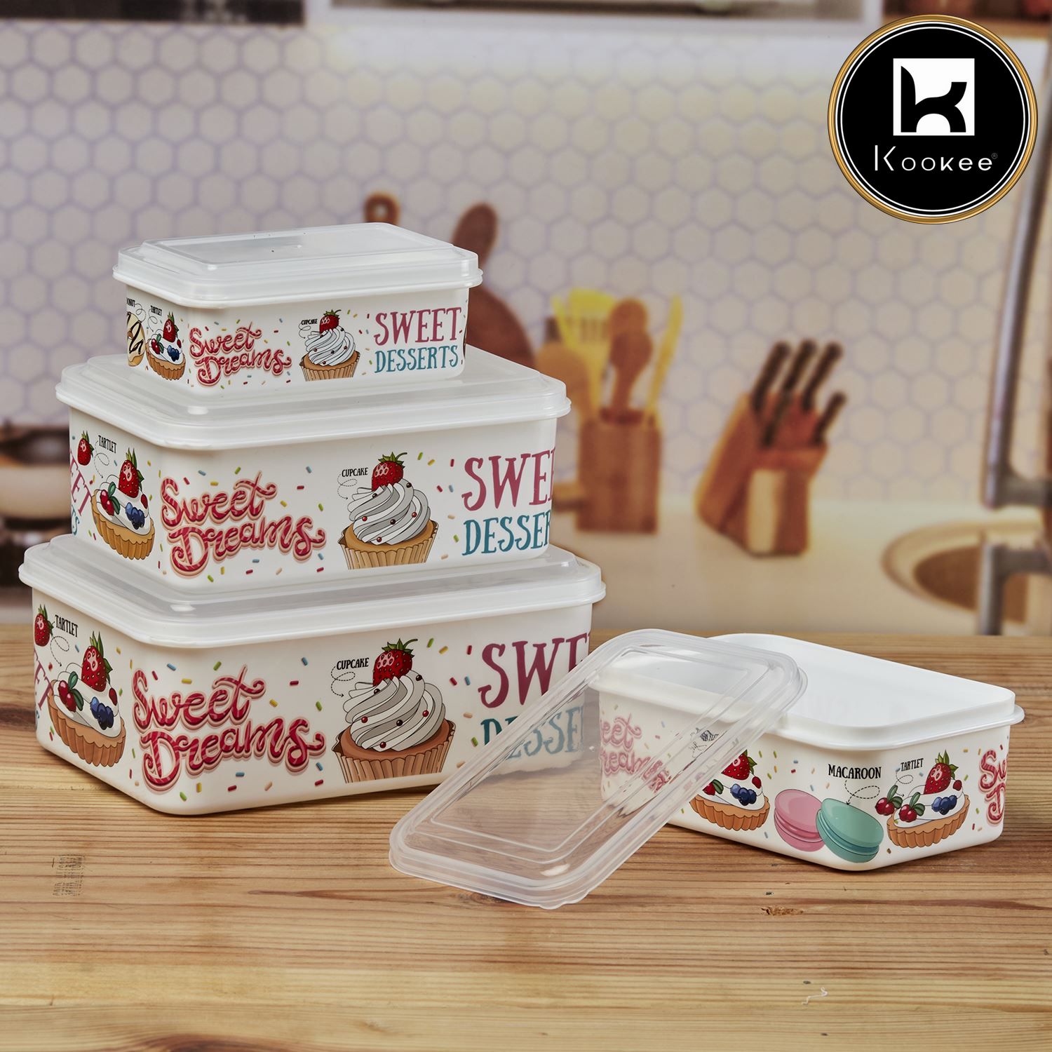 Kookee Plastic Airtight Container with Lid, Set of 4, Rectangle (10698)