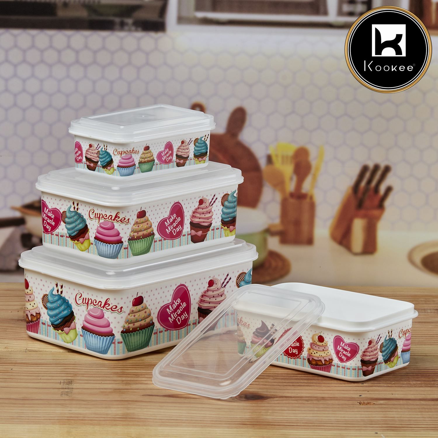 Kookee Plastic Airtight Container with Lid, Set of 4, Rectangle (10699)