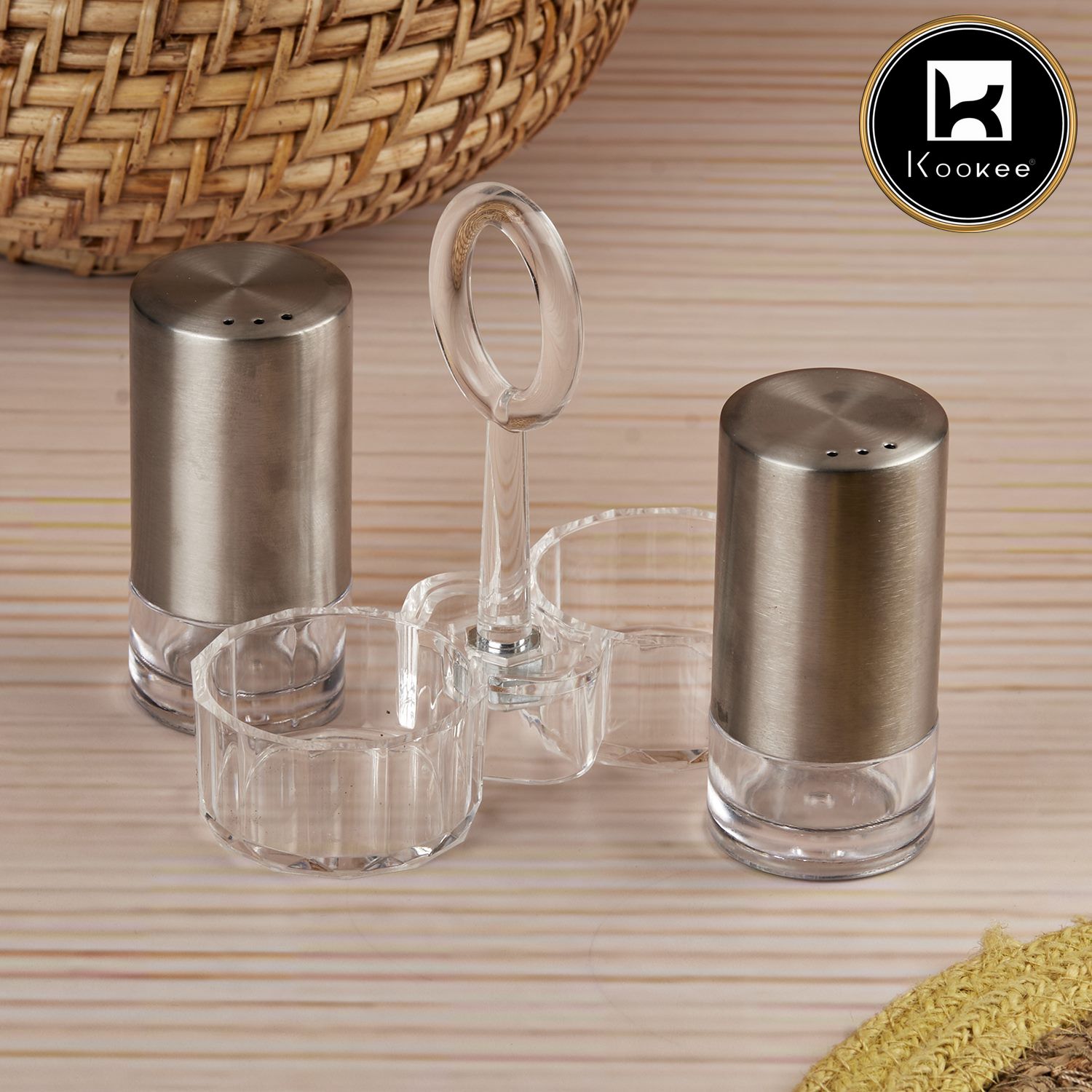 Kookee Acrylic Salt and Pepper Shakers Set with tray for Dining Table (10703)