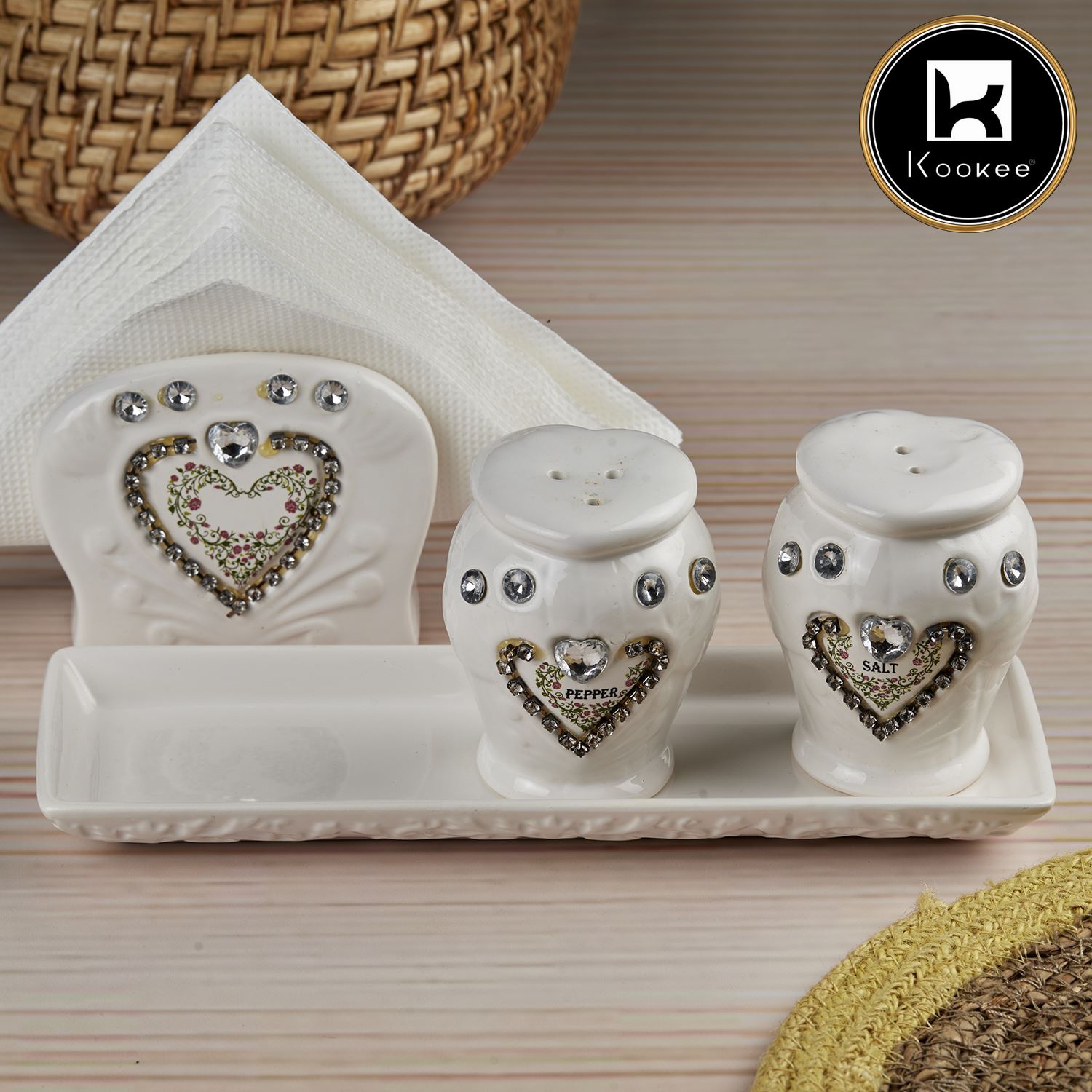 Ceramic Salt and Pepper Shakers Set with tray for Dining Table (10710)