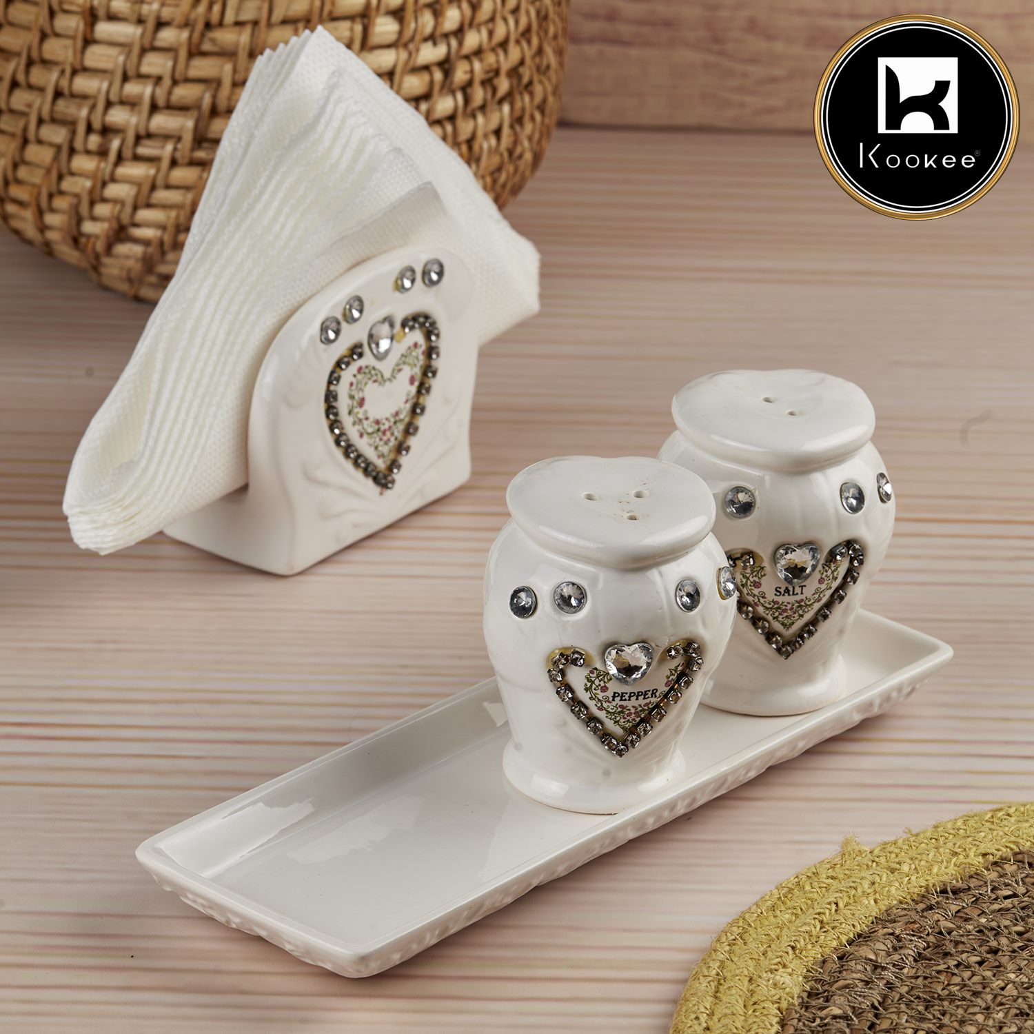 Ceramic Salt and Pepper Shakers Set with tray for Dining Table (10710)