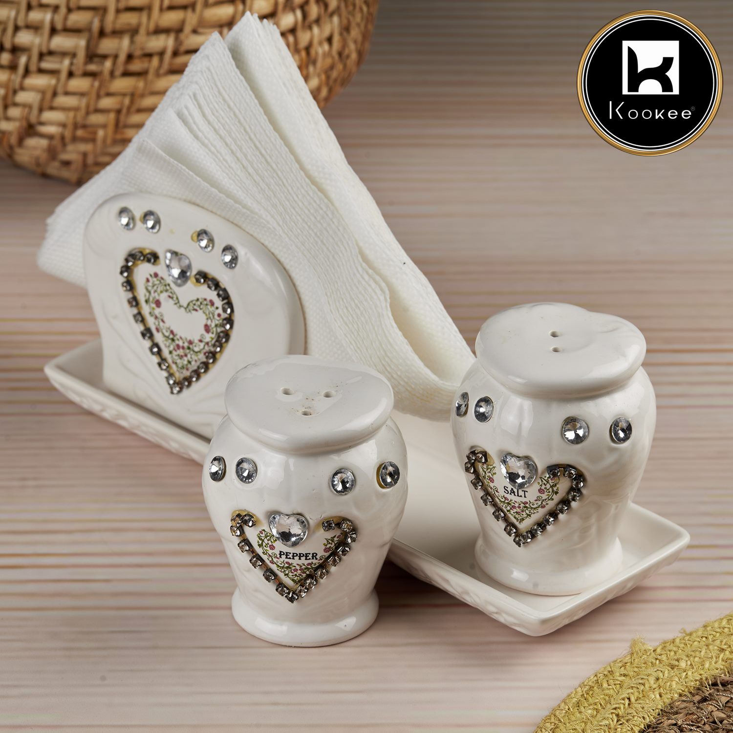 Kookee Ceramic Salt and Pepper Shakers Set with tray for Dining Table used as Namak Dhani, Shaker, Sprinkler, Spices Dispenser for Home, Kitchen and Restaurant, White