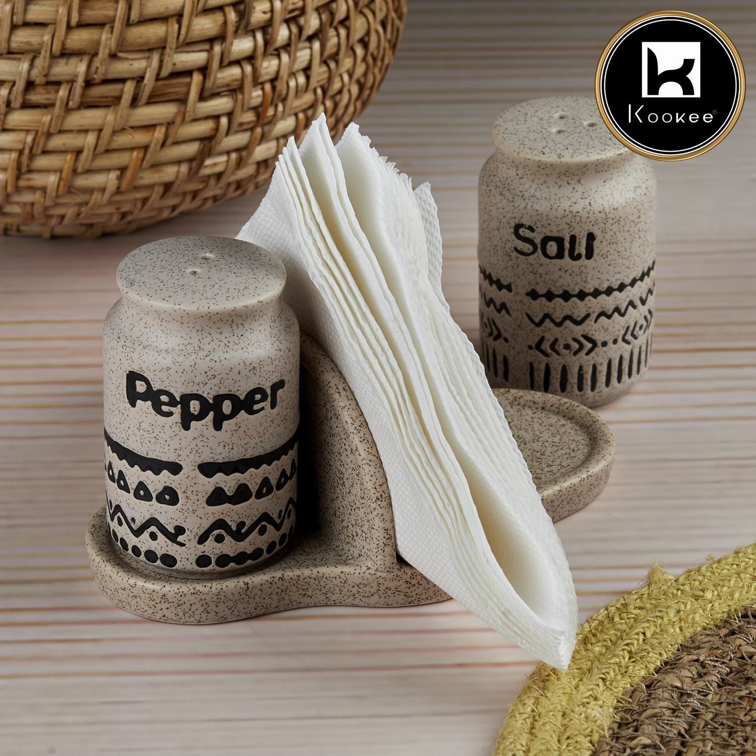 Kookee Ceramic Salt and Pepper Shakers Set with tray for Dining Table (10712)