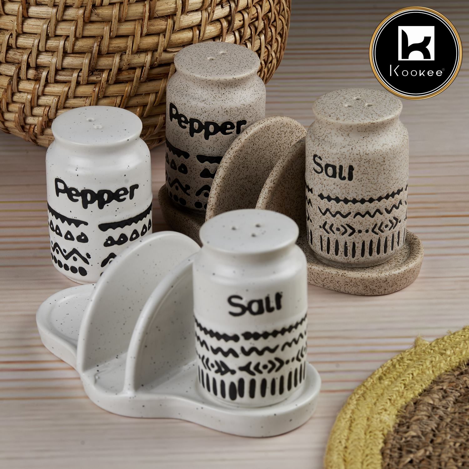 Ceramic Salt and Pepper Shakers Set with tray for Dining Table (V-SALT-019-1)