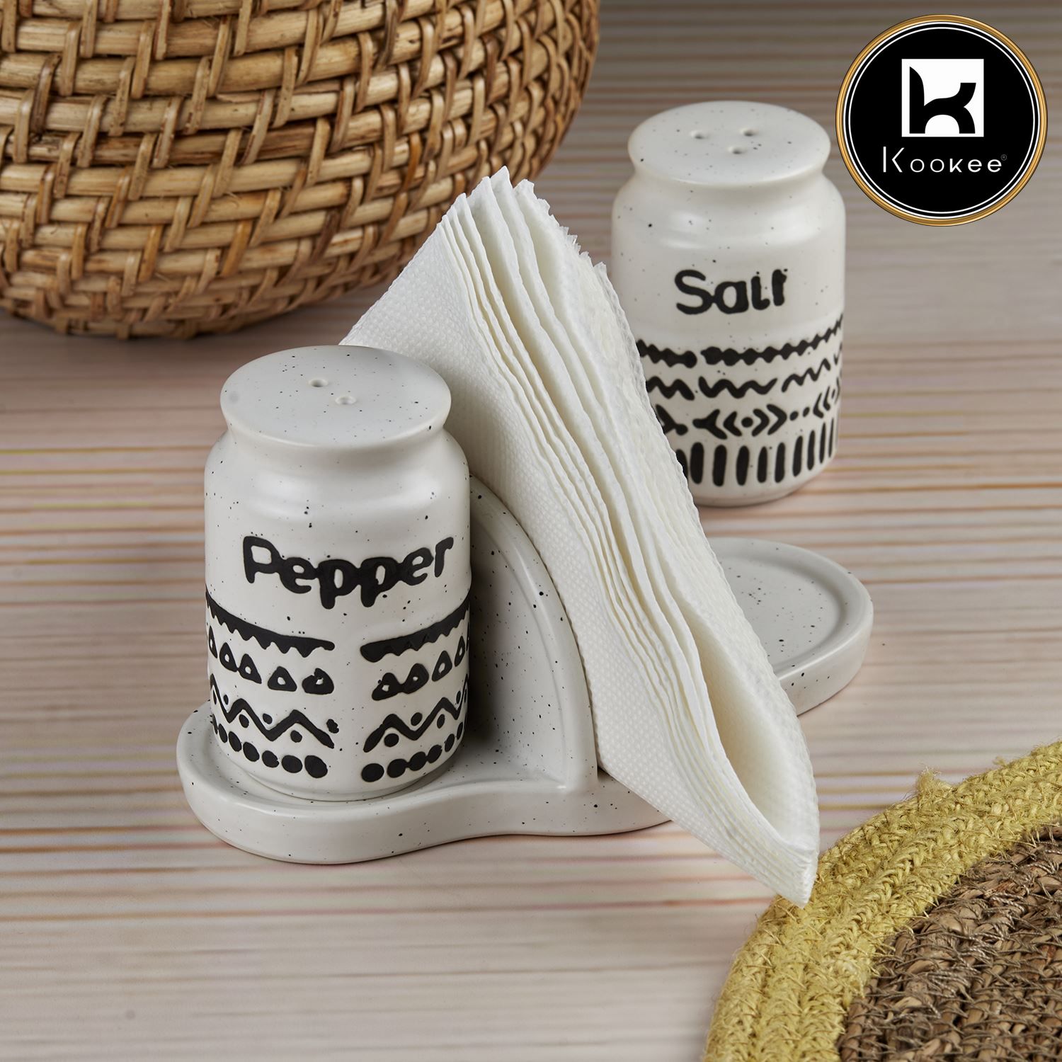 Kookee Ceramic Salt and Pepper Shakers Set with tray for Dining Table used as Namak Dhani, Shaker, Sprinkler, Spices Dispenser for Home, Kitchen and Restaurant, White