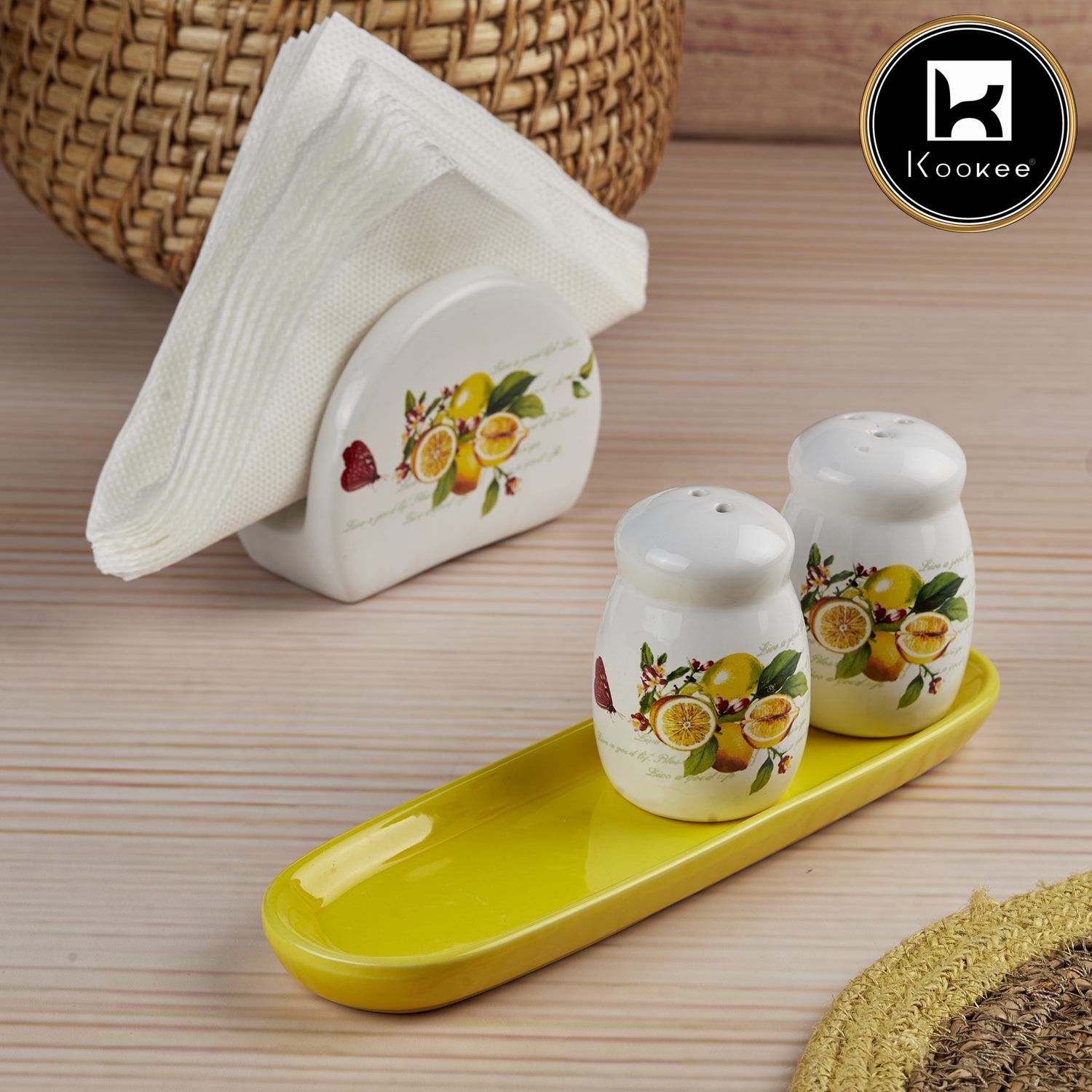 Ceramic Salt and Pepper Shakers Set with tray for Dining Table (10714)