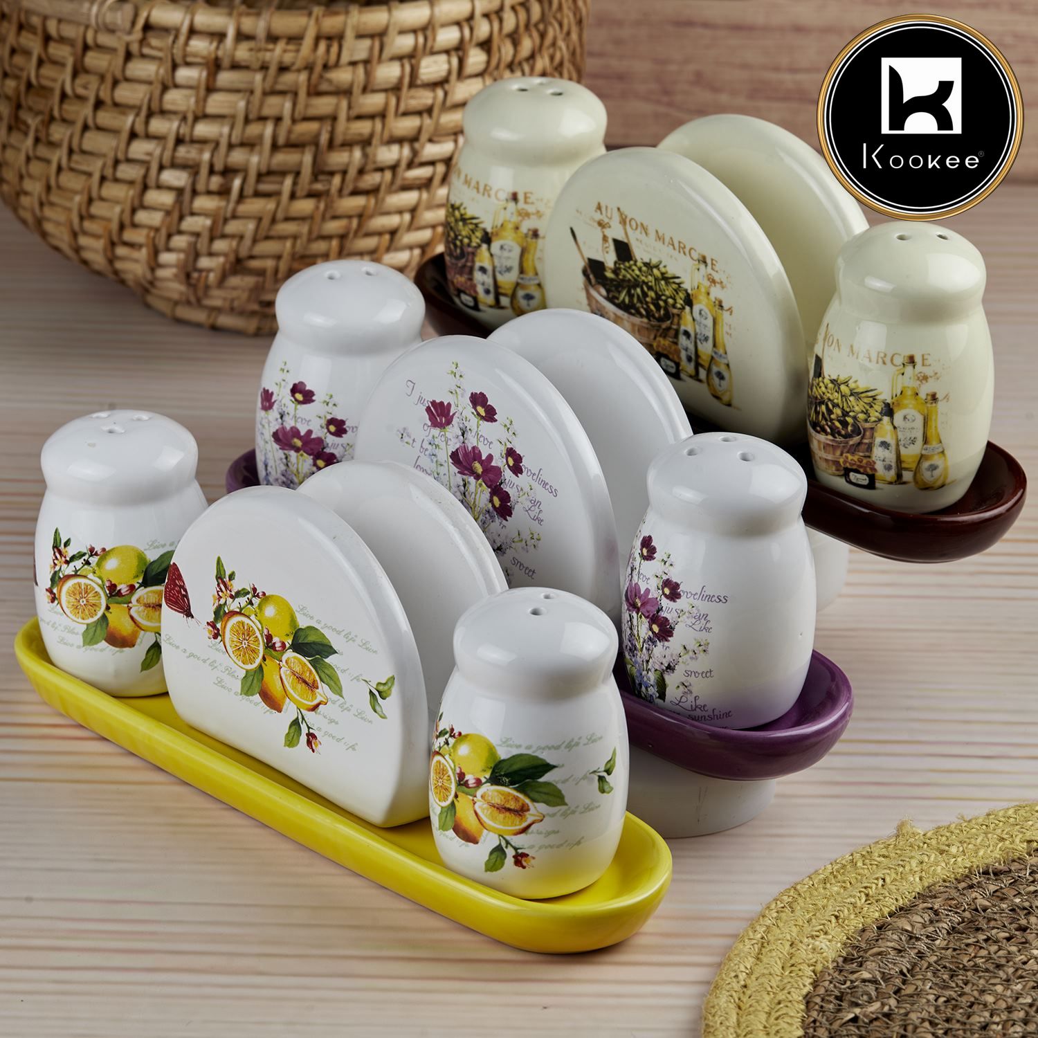 Ceramic Salt and Pepper Shakers Set with tray for Dining Table (V-SALT-020-1)