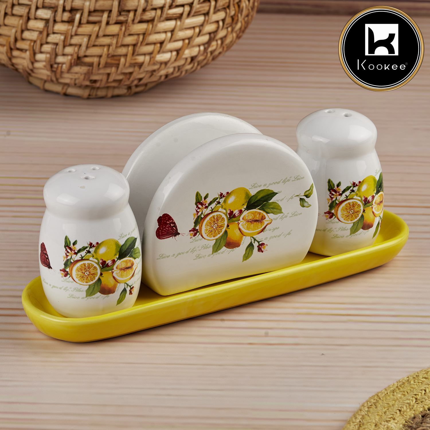 Kookee Ceramic Salt and Pepper Shakers Set with tray for Dining Table used as Namak Dhani, Shaker, Sprinkler, Spices Dispenser for Home, Kitchen and Restaurant, Yellow