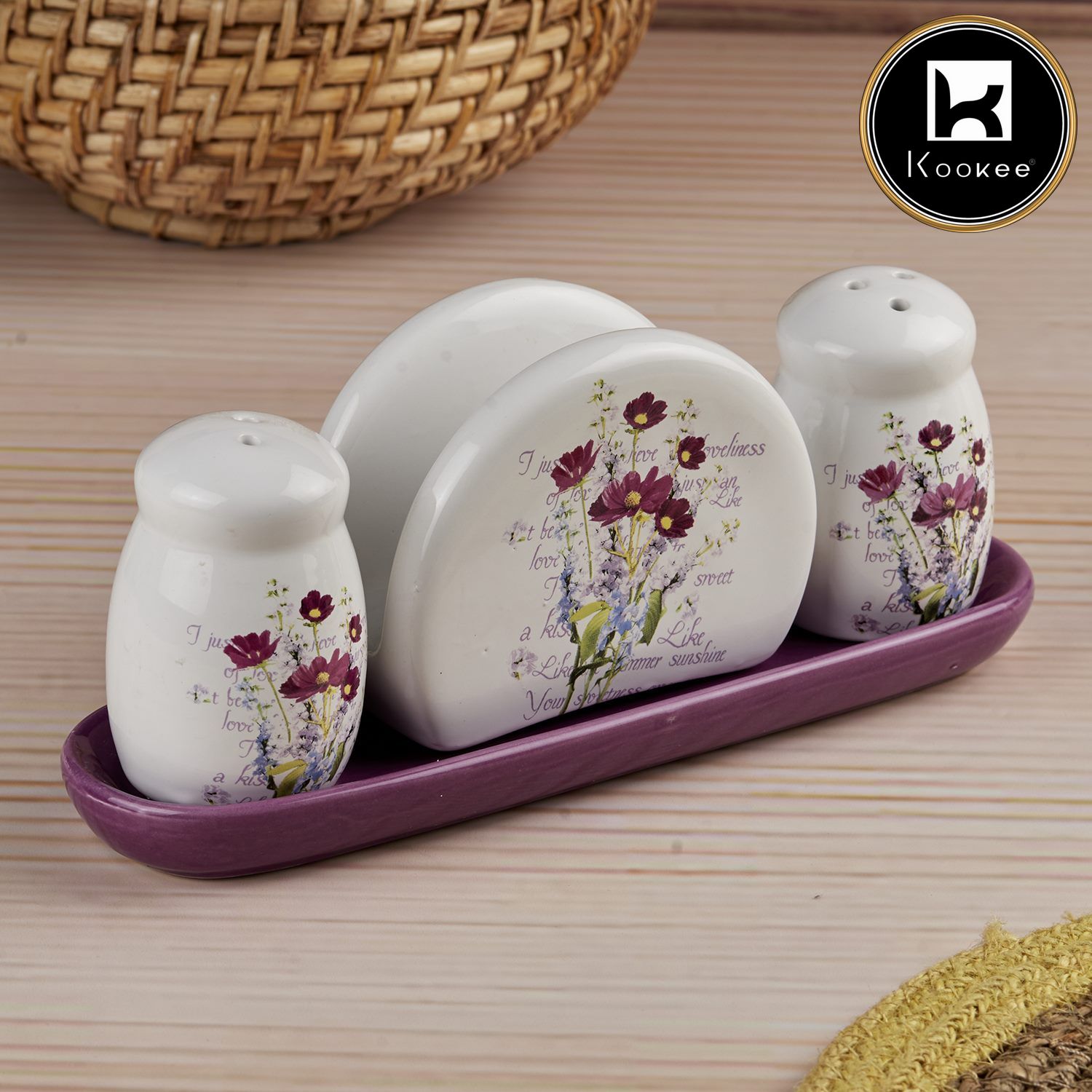 Kookee Ceramic Salt and Pepper Shakers Set with tray for Dining Table used as Namak Dhani, Shaker, Sprinkler, Spices Dispenser for Home, Kitchen and Restaurant, Purple