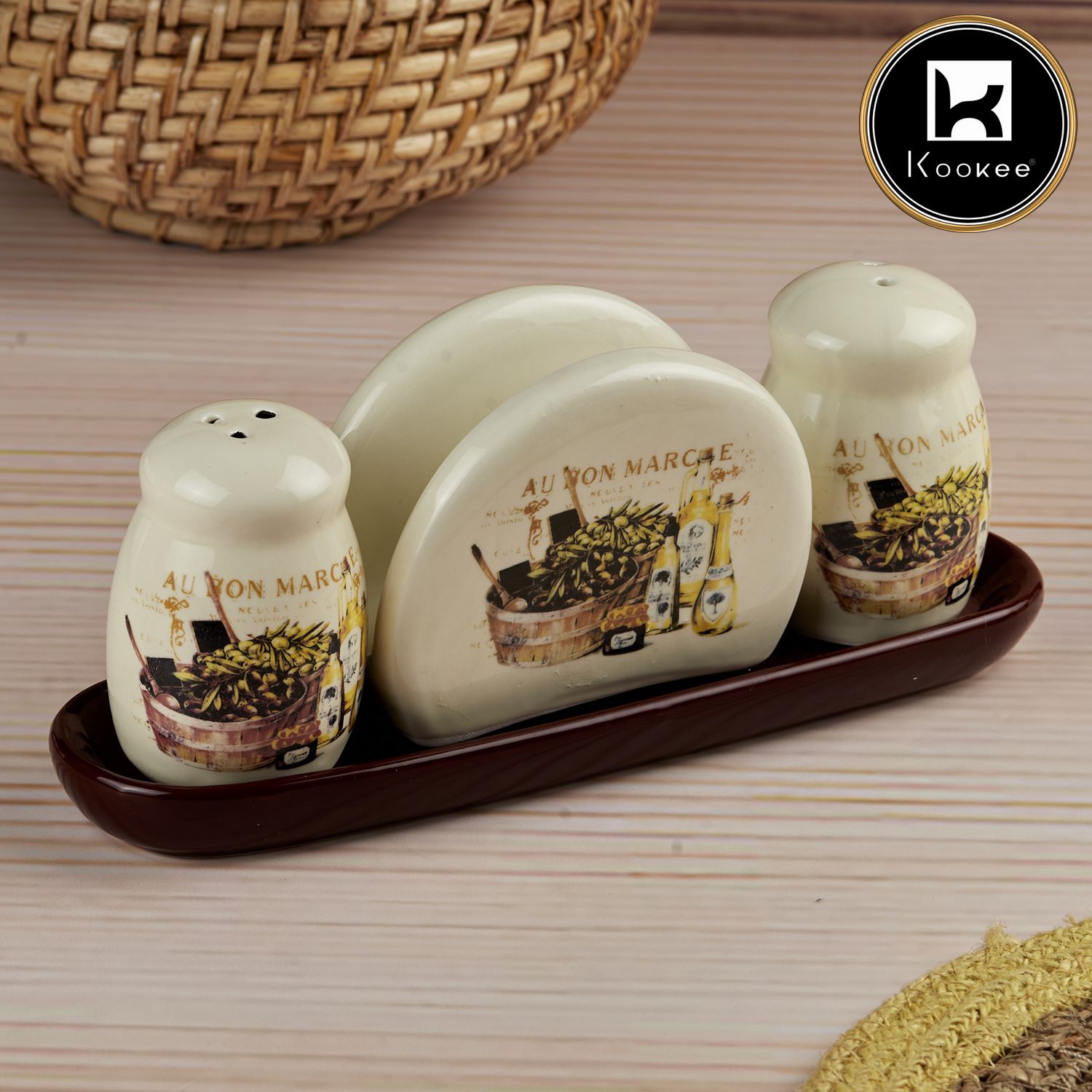 Kookee Ceramic Salt and Pepper Shakers Set with tray for Dining Table (10716)