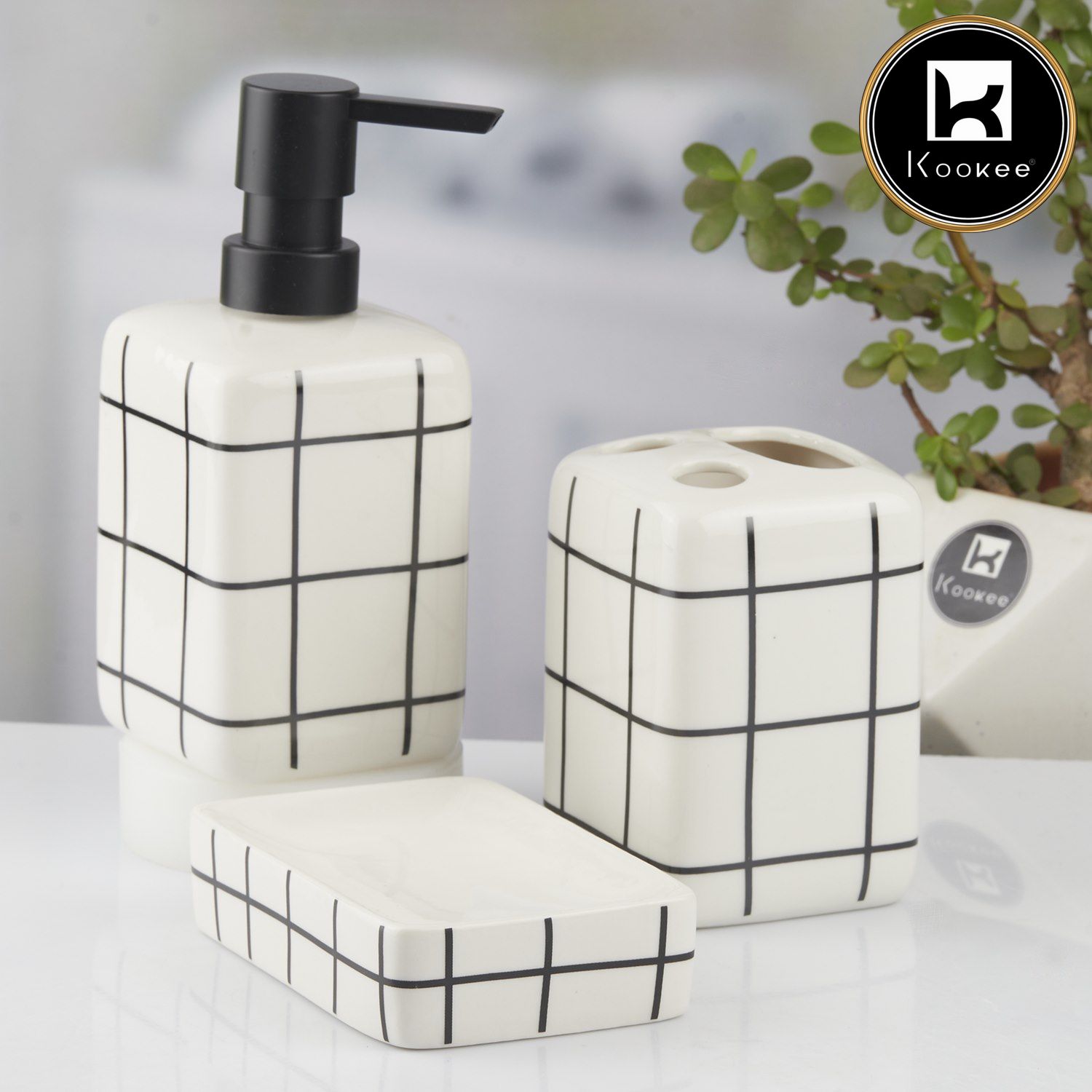 Kookee Ceramic Bathroom Accessories Set of 3, Modern Bath Set with Liquid handwash Soap Dispenser and Toothbrush holder, Luxury Gift Accessory for Home, White/Black