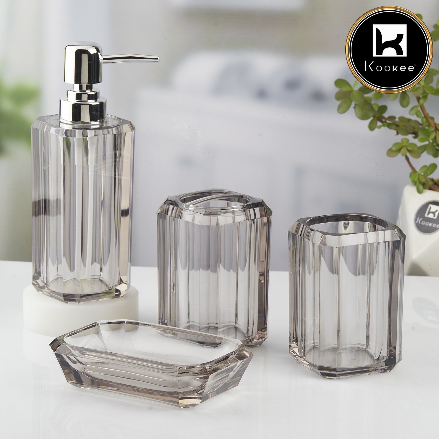 Kookee Acrylic Bathroom Accessories Set of 3, Modern Bath Set with Liquid handwash Soap Dispenser and Toothbrush holder, Luxury Gift Accessory for Home, Transparent Grey