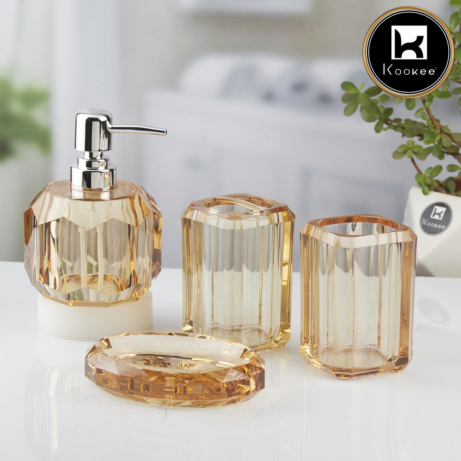 Kookee Acrylic Bathroom Accessories Set of 3, Modern Bath Set with Liquid handwash Soap Dispenser and Toothbrush holder, Luxury Gift Accessory for Home, Transparent Brown