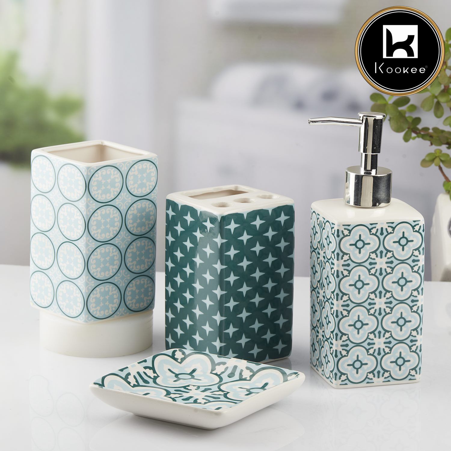 Ceramic Bathroom Set of 4 with Soap Dispenser (10723)