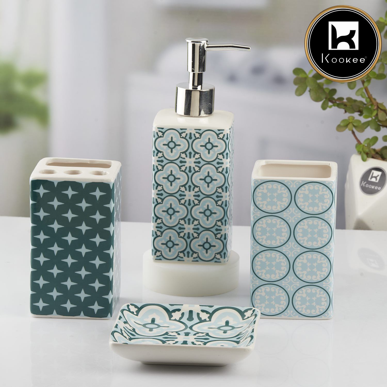 Ceramic Bathroom Set of 4 with Soap Dispenser (10723)