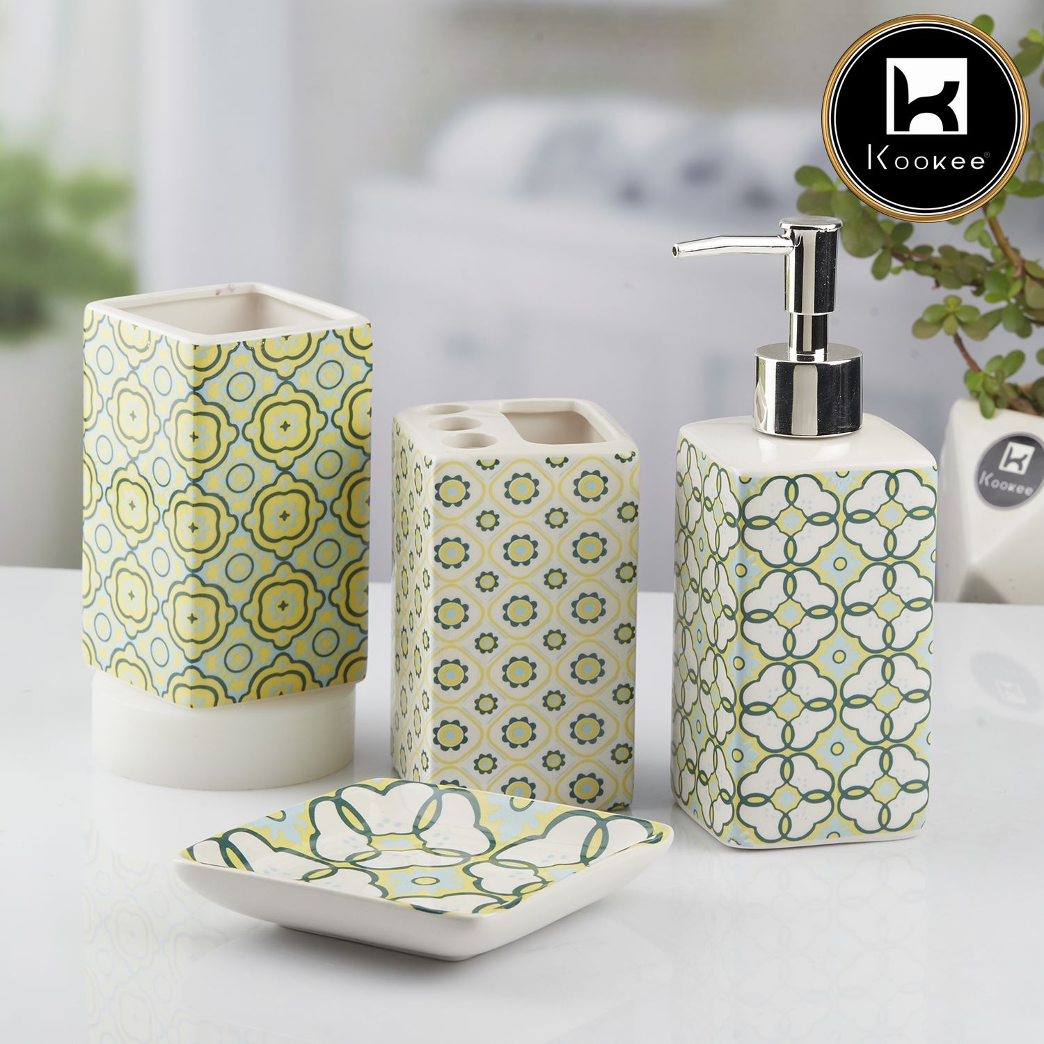 Ceramic Bathroom Set of 4 with Soap Dispenser (10724)