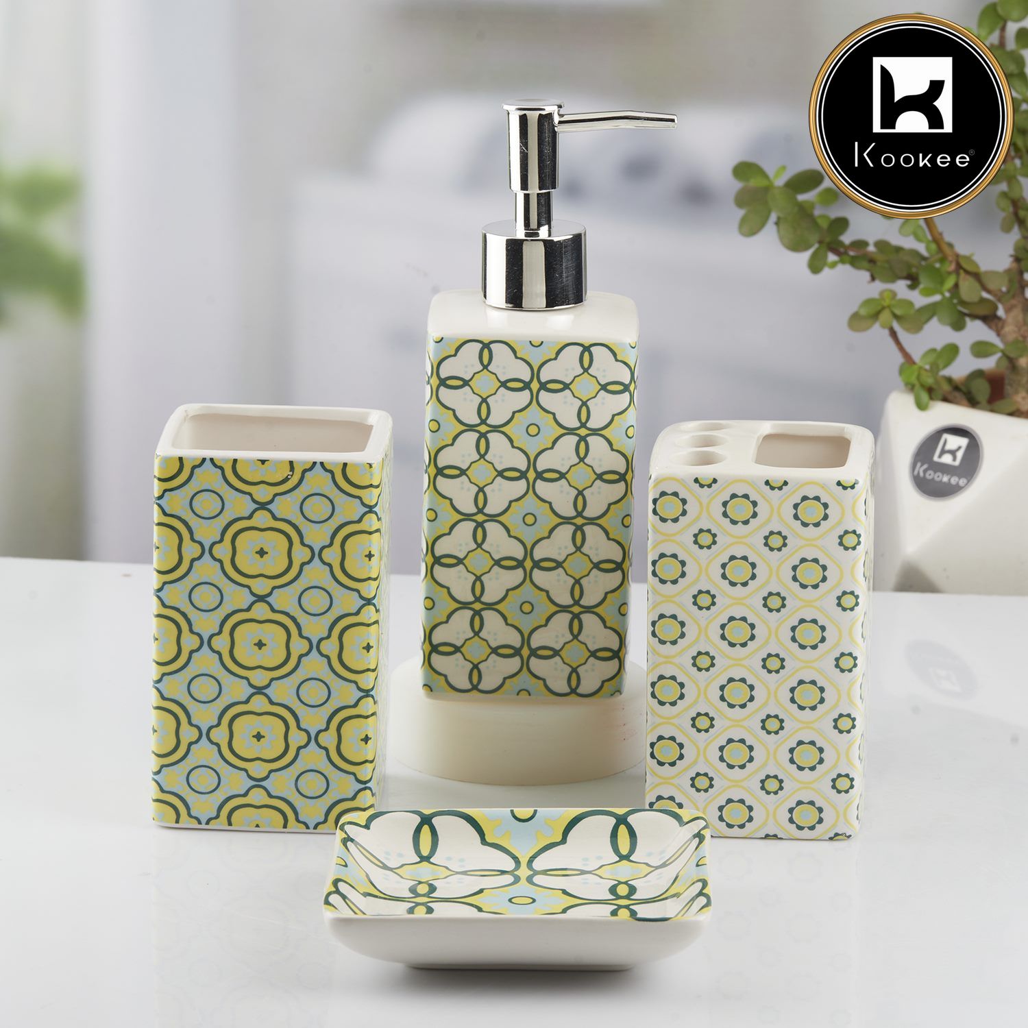 Ceramic Bathroom Set of 4 with Soap Dispenser (10724)