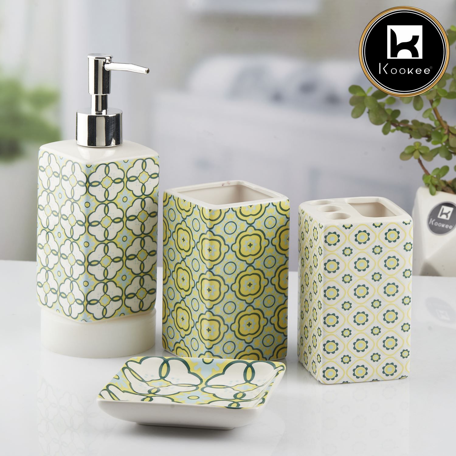 Kookee Ceramic Bathroom Accessories Set of 4, Modern Bath Set with Liquid handwash Soap Dispenser and Toothbrush holder, Luxury Gift Accessory for Home, White/Green