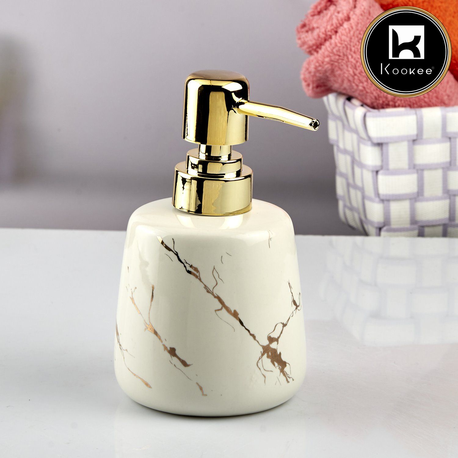 Kookee Ceramic Soap Dispenser with Stylish Refillable Pump Bottle for Bathroom Handwash & Kitchen Wash Basin, Perfect for Hand Soap, Lotion, and more, White,