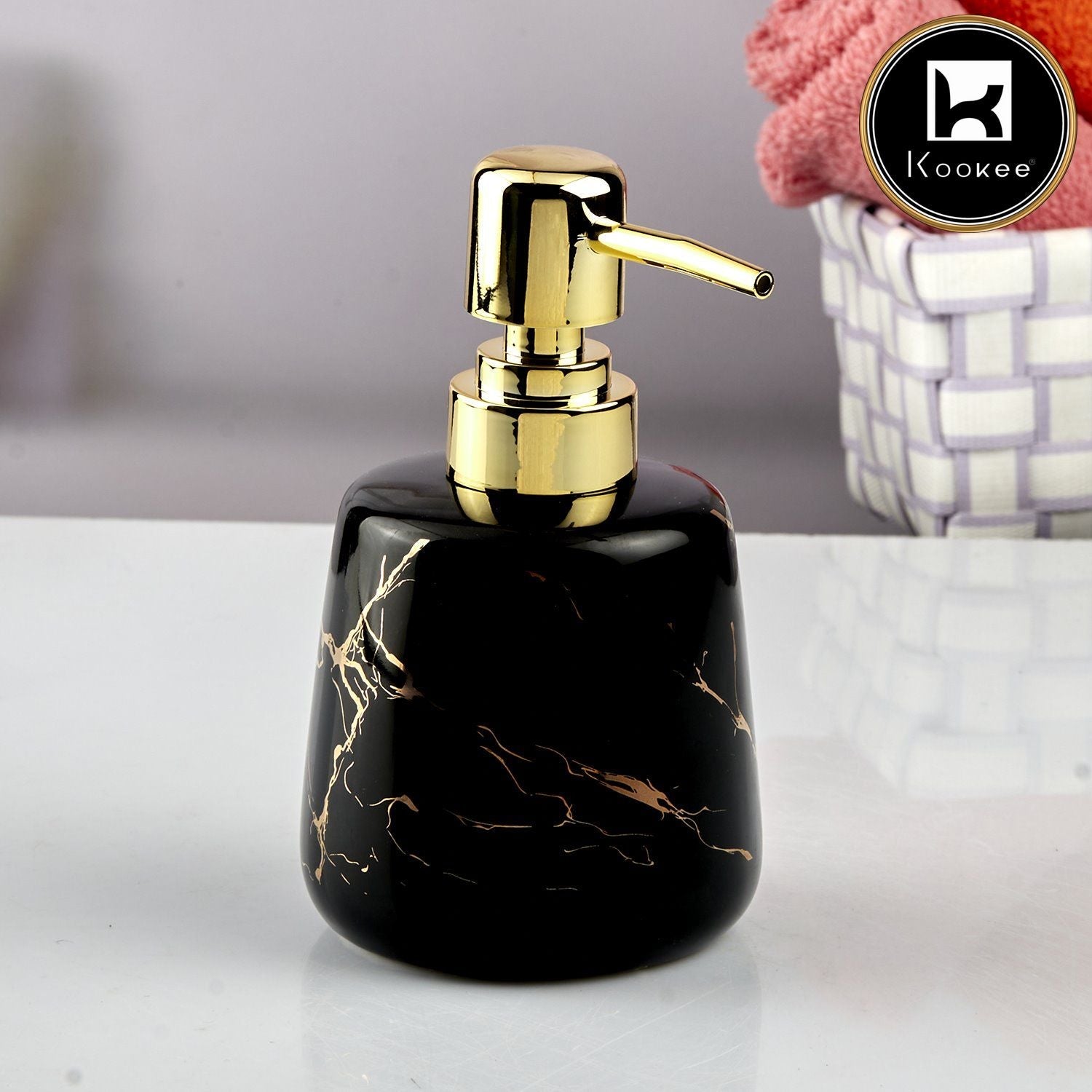 Kookee Ceramic Soap Dispenser with Stylish Refillable Pump Bottle for Bathroom Handwash & Kitchen Wash Basin, Perfect for Hand Soap, Lotion, and more, Black,