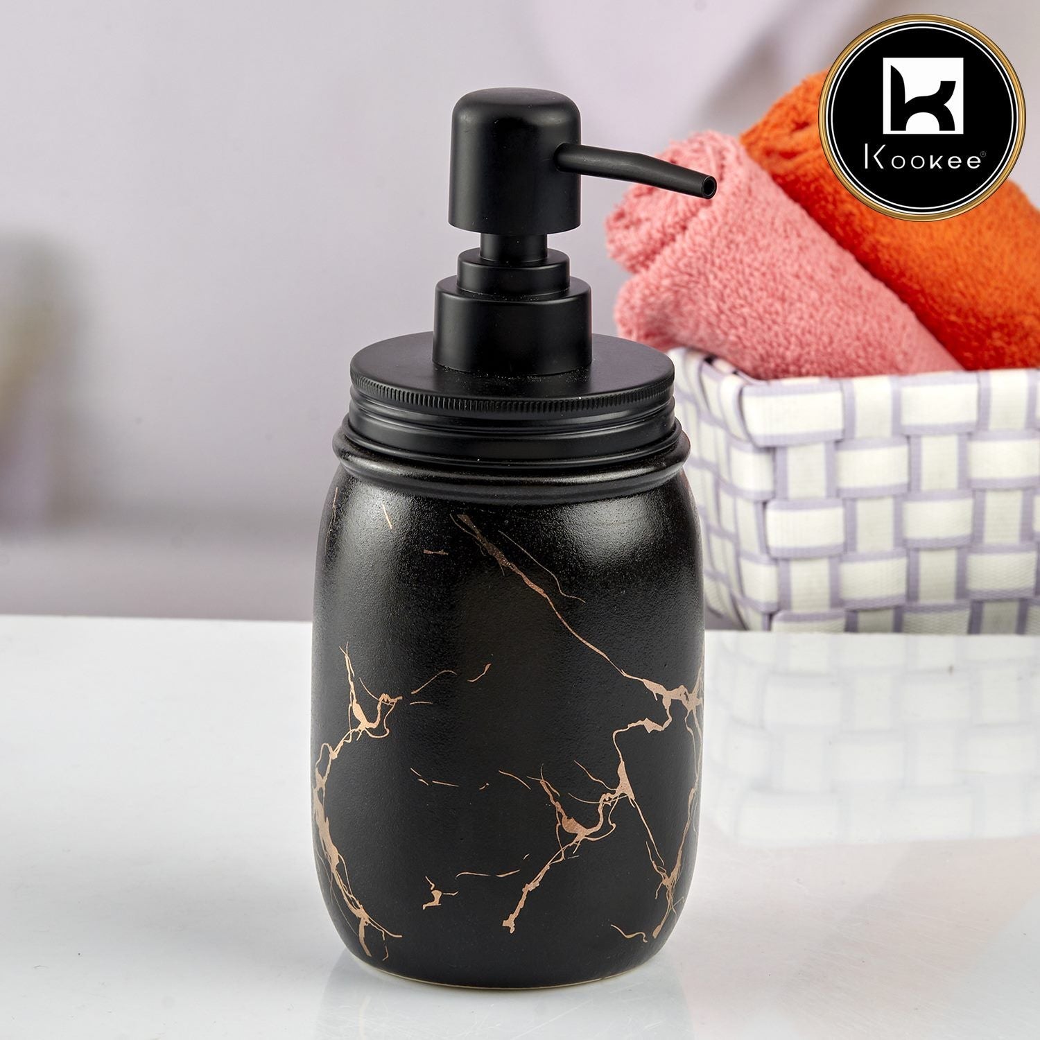 Kookee Ceramic Soap Dispenser with Stylish Refillable Pump Bottle for Bathroom Handwash & Kitchen Wash Basin, Perfect for Hand Soap, Lotion, and more, Black,