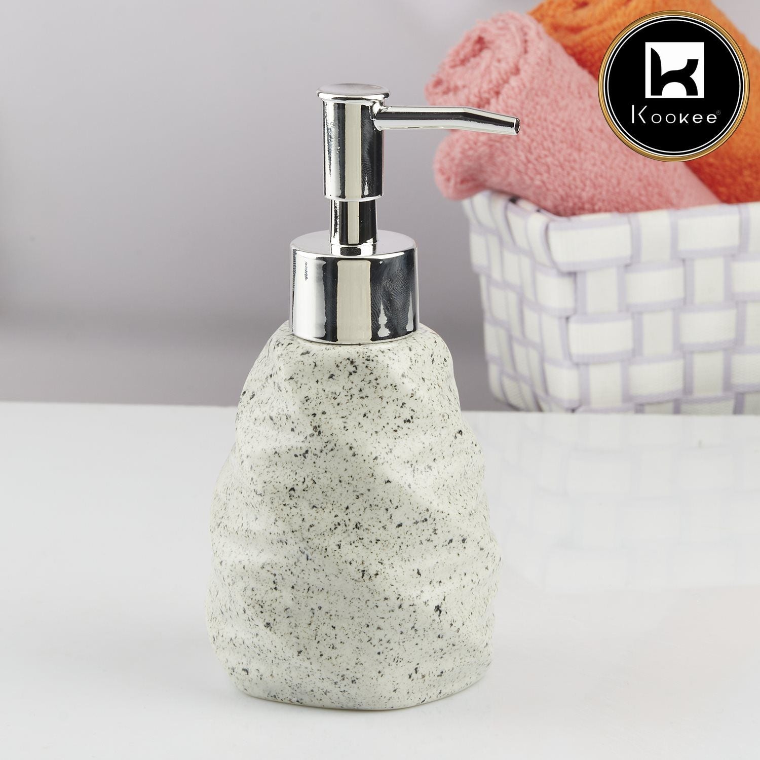 Kookee Ceramic Soap Dispenser with Stylish Refillable Pump Bottle for Bathroom Handwash & Kitchen Wash Basin, Perfect for Hand Soap, Lotion, and more, White,