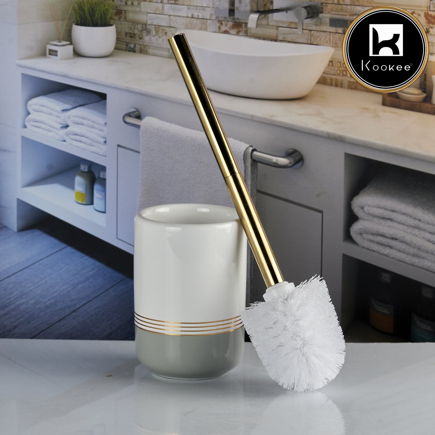 Kookee Ceramic Toilet Cleaner Brush with Holder Stand for Bathroom, Commode, Washroom, Toilet Cleaning Brush, White/Grey