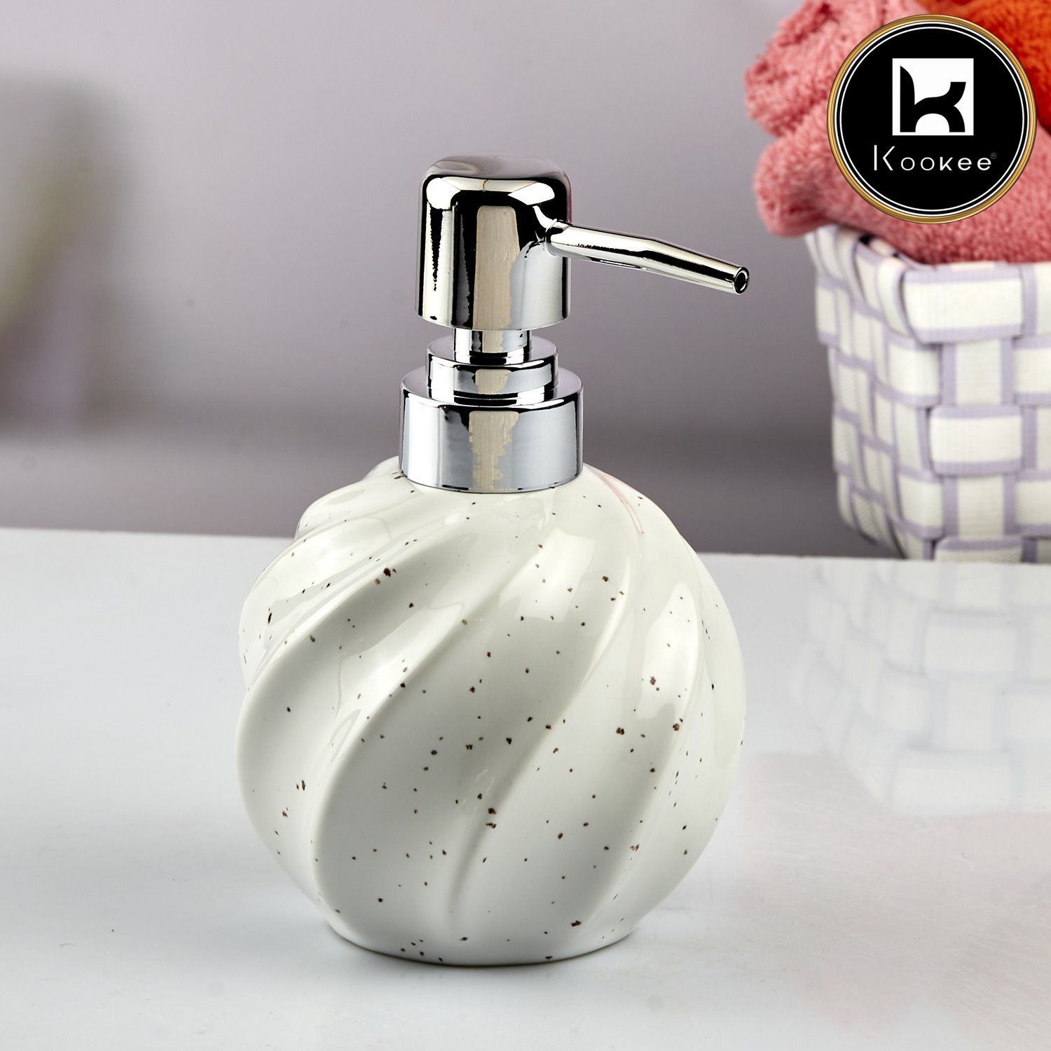 Kookee Ceramic Soap Dispenser with Stylish Refillable Pump Bottle for Bathroom Handwash & Kitchen Wash Basin, Perfect for Hand Soap, Lotion, and more, White,