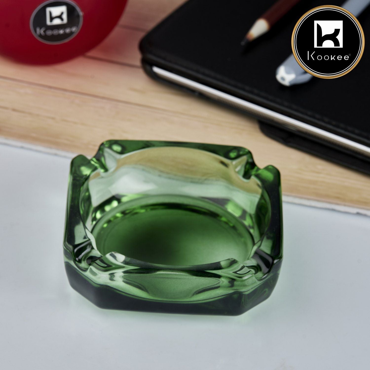 Kookee Glass Ashtray for Cigarettes, Tabletop Ashtray and Modern Decoration for Home Office Bar Restaurant Indoor Outdoor, Green