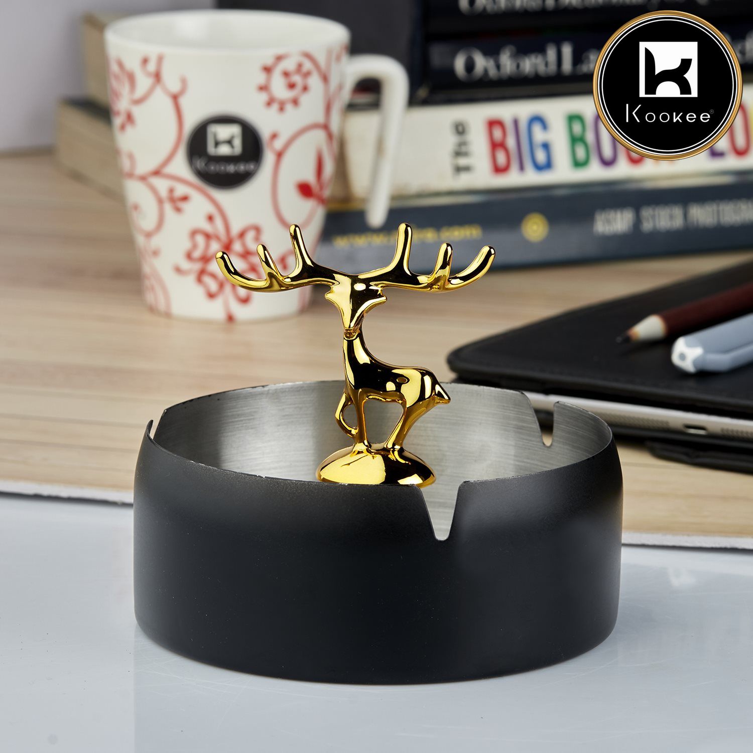 Kookee Stainless Steel Home Ash Tray Set for Cigarettes, X-Large, Black (10755)