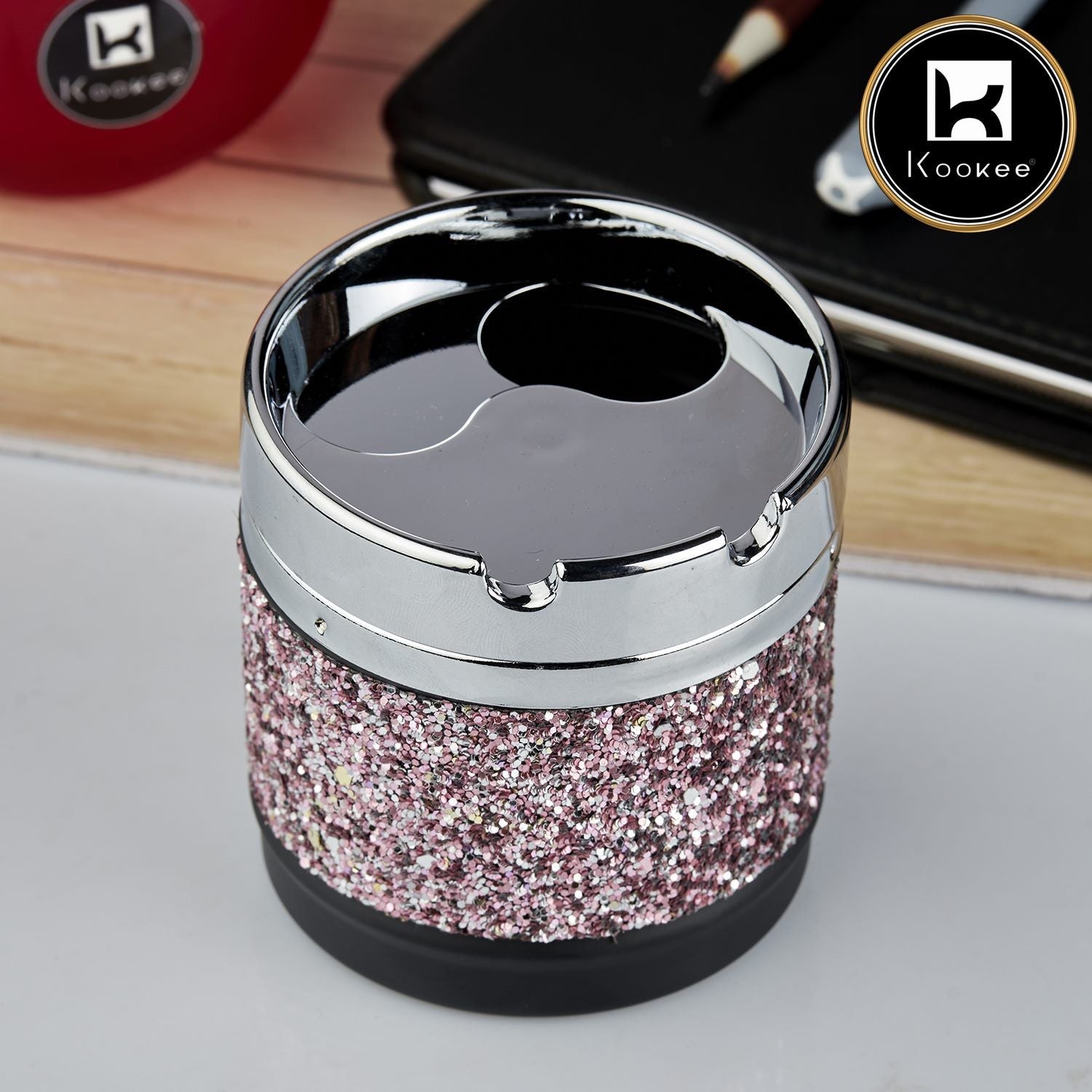 Kookee Smokeless Plastic Tin Windproof Ashtray Rotating Lid Convenient Smokeless Ashtray For Cigarette, Cigar for Home Decor Tabletop Ash Tray for Smokers, Round, Pink / Silver Glitter