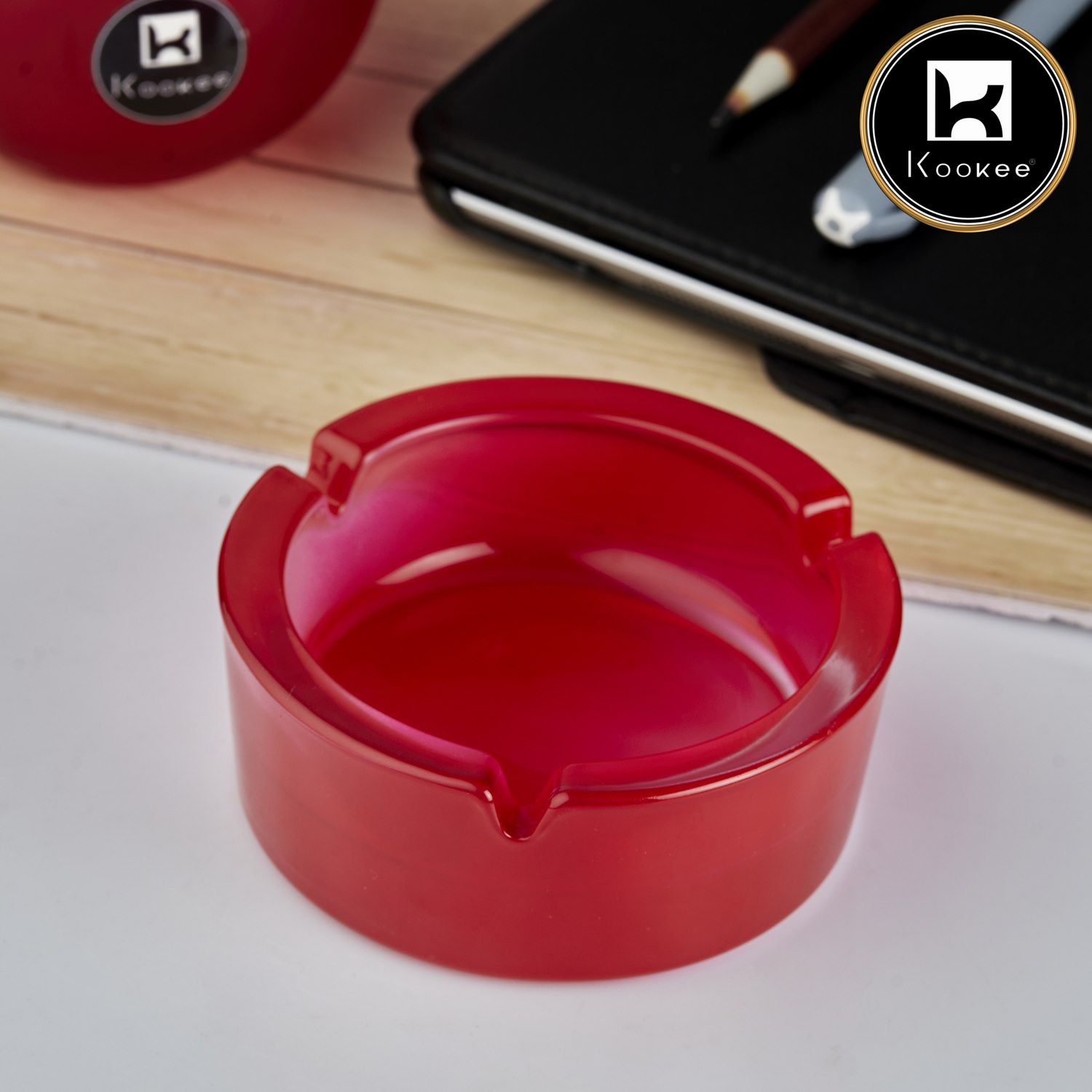 Kookee Glass Ashtray for Cigarettes, Tabletop Ashtray and Modern Decoration for Home Office Bar Restaurant Indoor Outdoor, Red