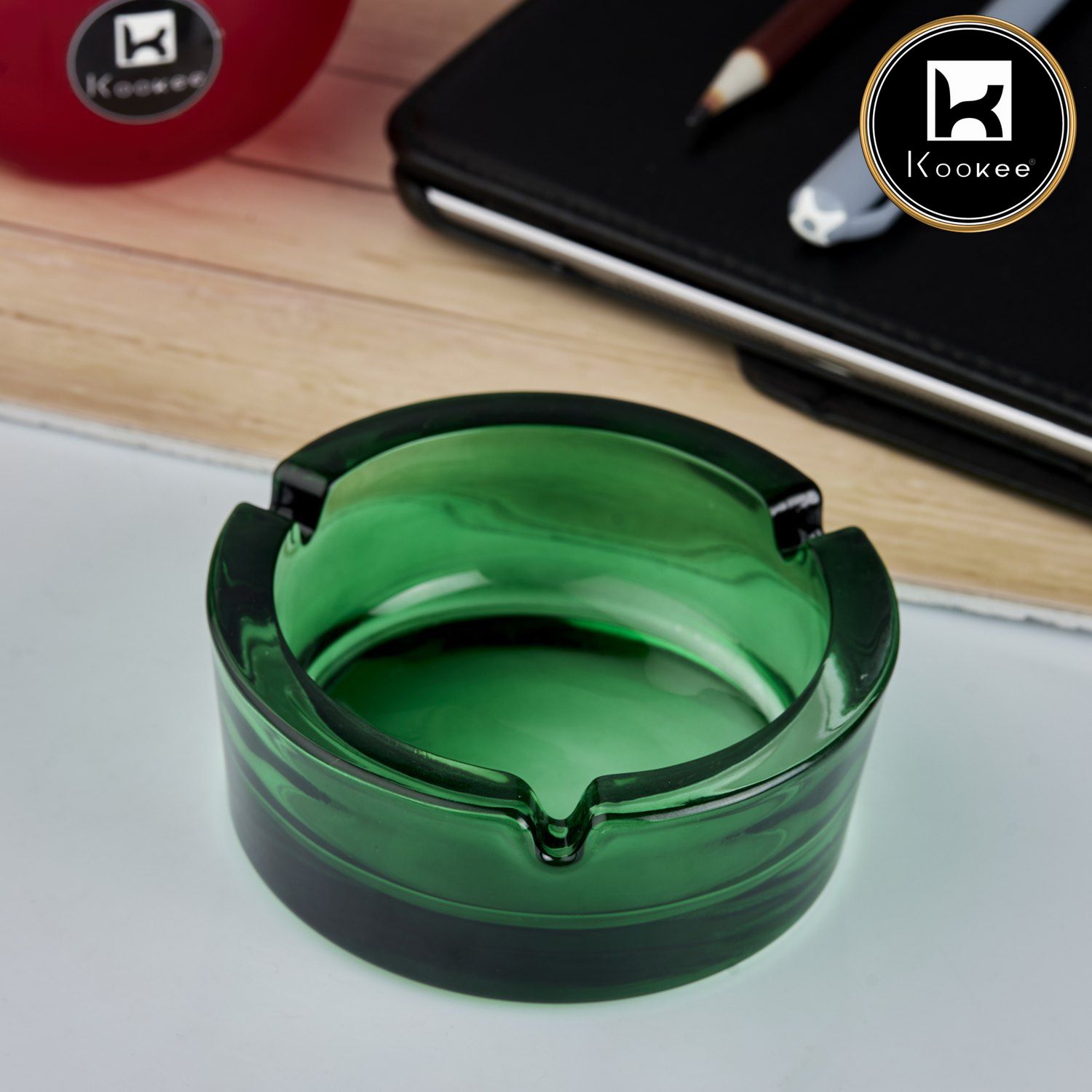 Kookee Glass Ashtray for Cigarettes, Tabletop Ashtray and Modern Decoration for Home Office Bar Restaurant Indoor Outdoor, Green