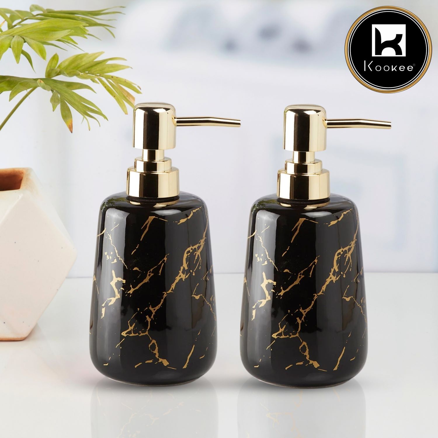 Ceramic Soap Dispenser for handwash for Bathroom, White/Gold (Set of 1) (10203)