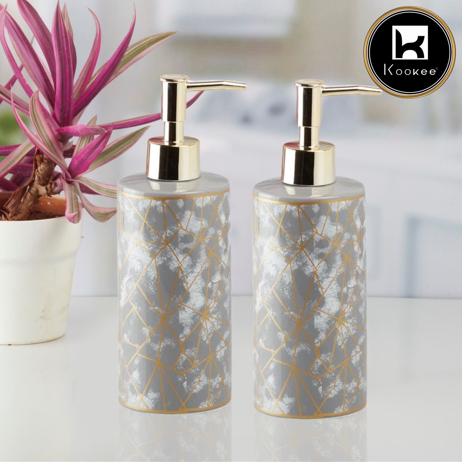 Ceramic Soap Dispenser for handwash for Bathroom, Grey/Gold (Set of 2) (10827)