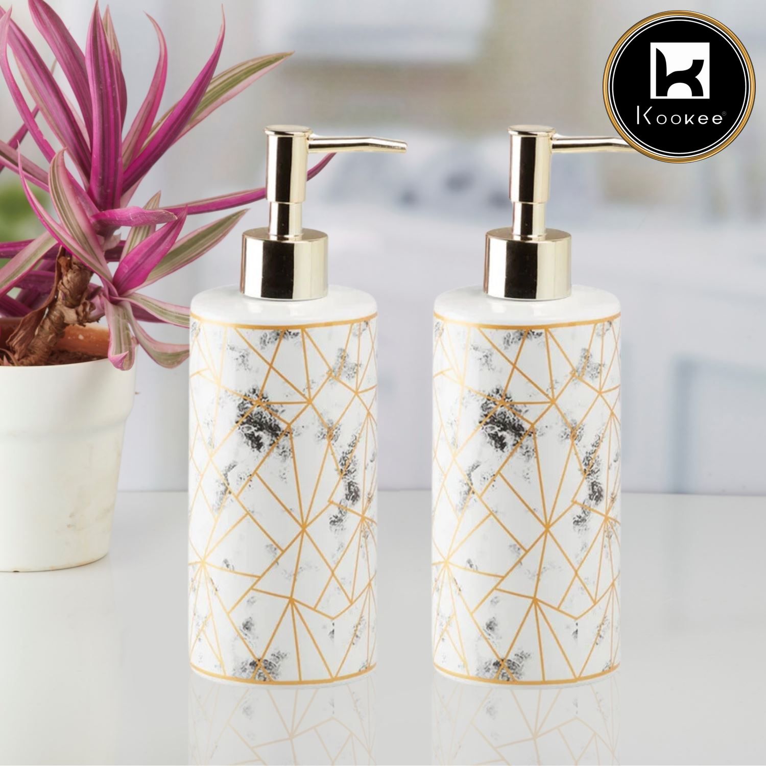 Ceramic Soap Dispenser for handwash for Bathroom, Grey/Gold (Set of 2) (10936)