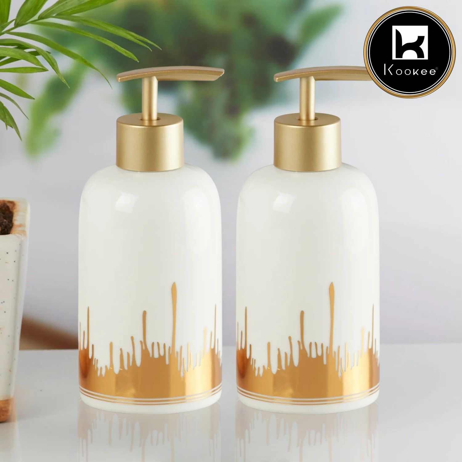Ceramic Soap Dispenser for handwash for Bathroom, White/Gold (Set of 2) (10866)