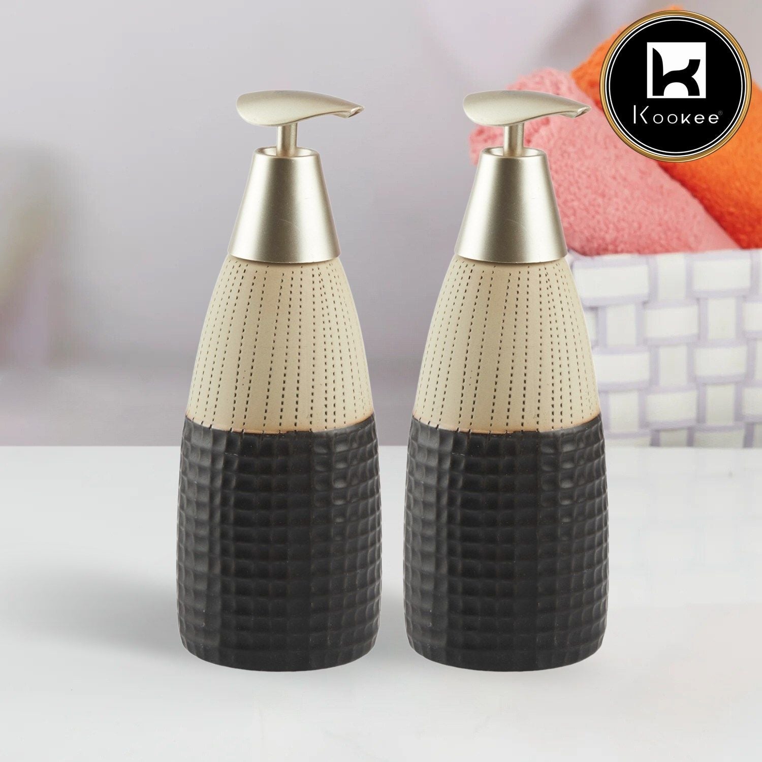 Ceramic Soap Dispenser for handwash for Bathroom, Brown/Beige (Set of 1) (10616)