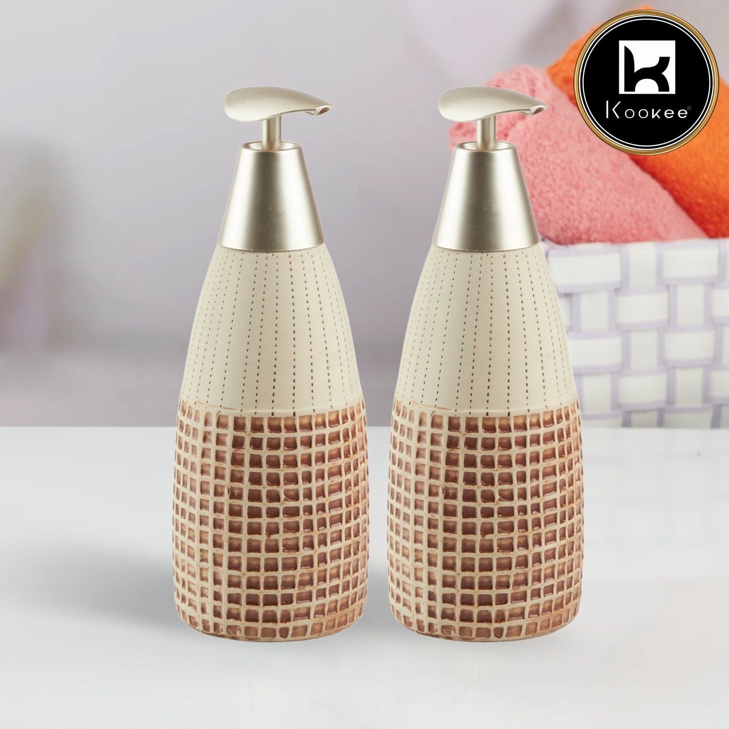 Ceramic Soap Dispenser for handwash for Bathroom, Brown/Beige (Set of 2) (10893)